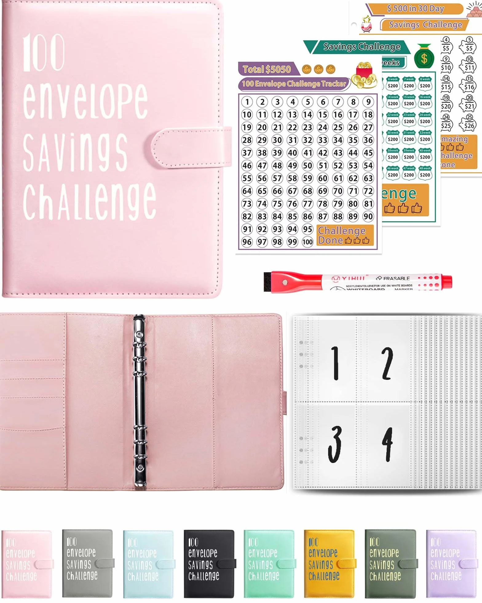 JEJA Budget Planner 5,050 euro Fogli di Bilancio Etichette Adesive Penne Cancellabili Rosa