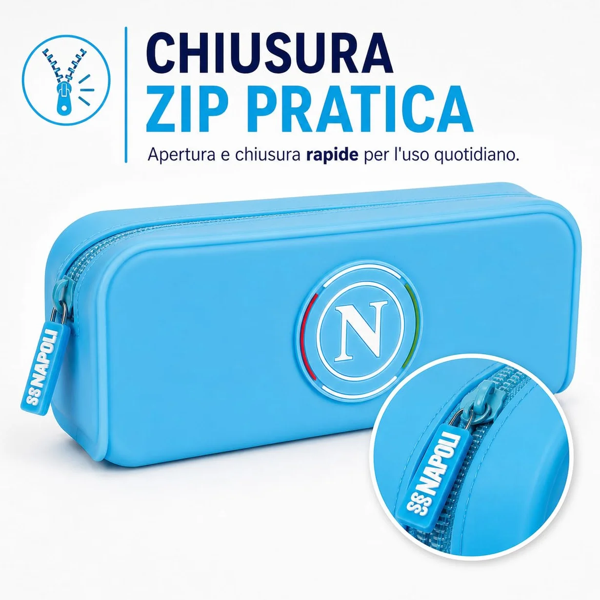 Colourbook Astuccio SSC Napoli Azzurro Silicone Lavabile Portapenne Scuola Logo 3D Zip Gadget Calcio 19,5x7x5,5 cm
