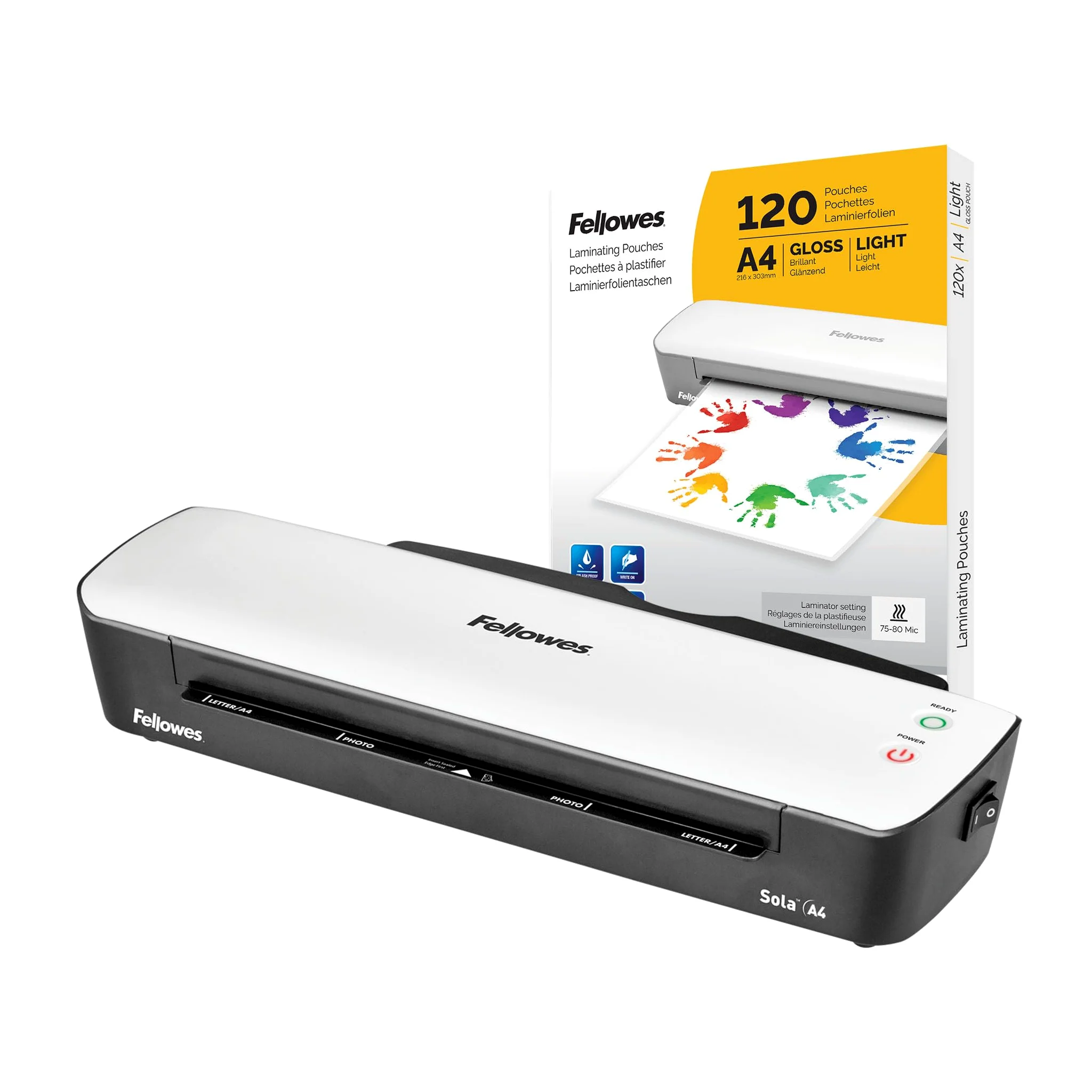 Fellowes plastificatrice Sola, formato A4, fino a 125 micron, uso domestico, con leva di sblocco e modalità riposo, [ESCLUSIVA AMAZON] + Pouches A4 per plastificazione, Finitura lucida, 120 fogli