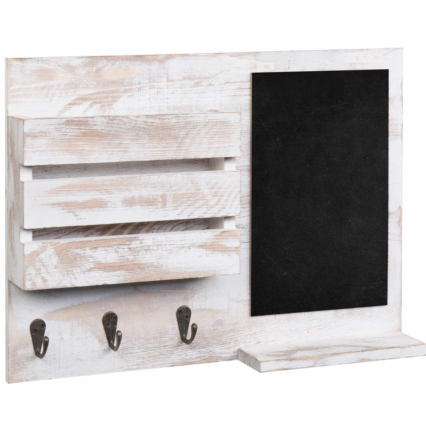 MyGift Shabby Whitewashed Postale da Parete in Legno con Lavagna, 3 Ganci per Chiavi e Ripiano