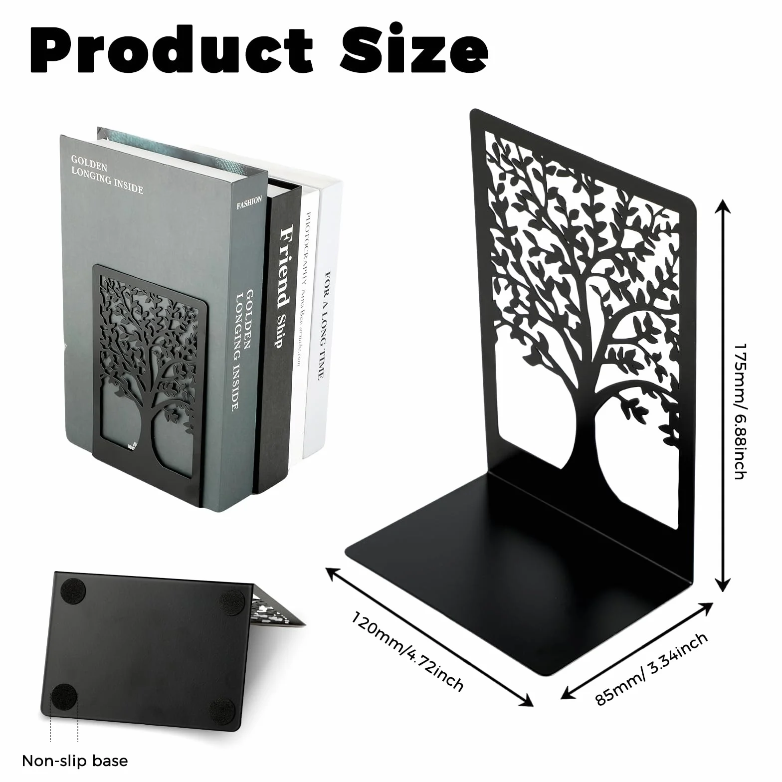 Fermalibri in metallo 6 pezzi neri con motivo albero della vita 18x12x8cm reggilibri