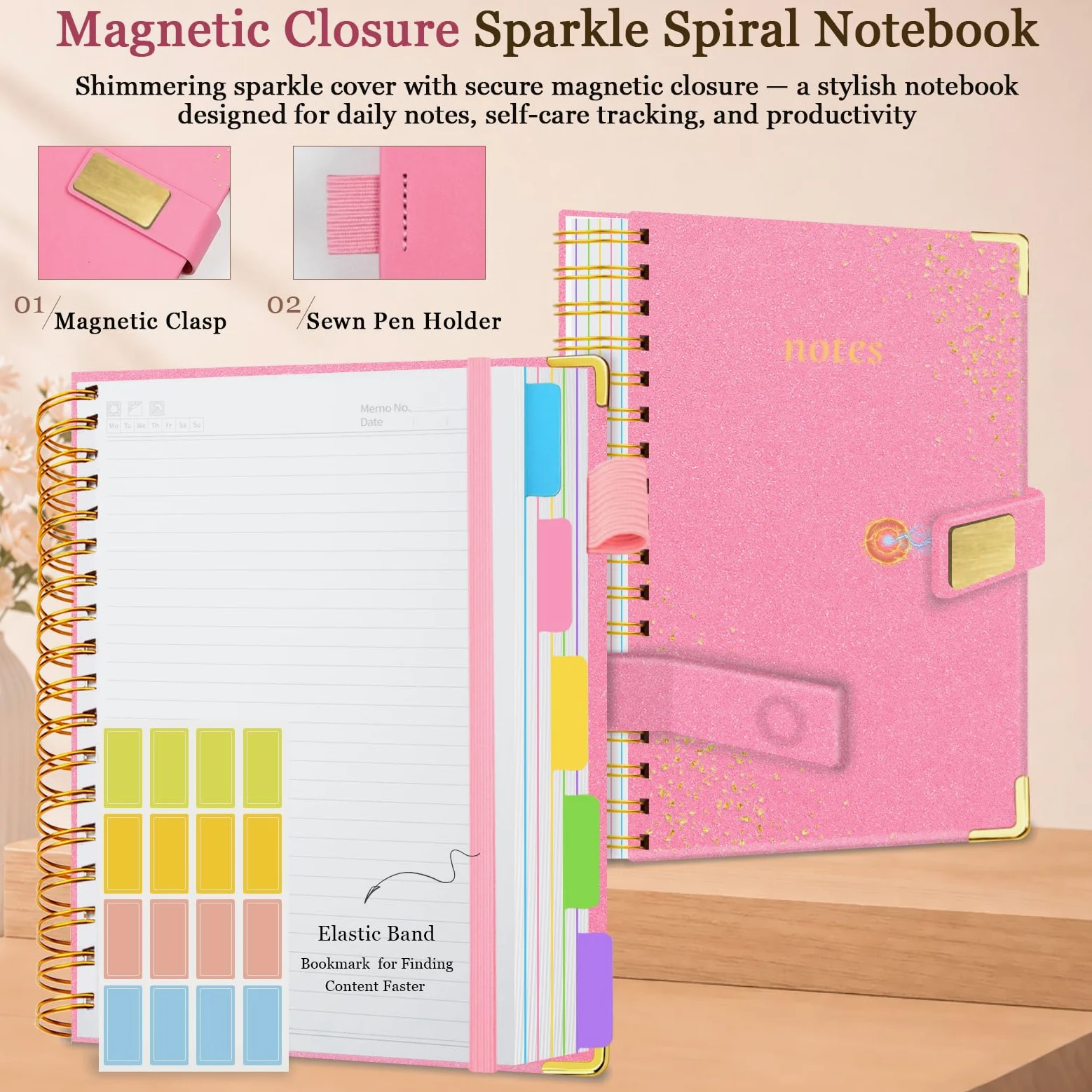 Taccuino a spirale 15,2 x 20,2 cm, 5 soggetti con divisori, 300 pagine, a righe con chiusura magnetica, quaderni a schede A5 per lavoro, scuola, diario scintillante per donne (rosa)