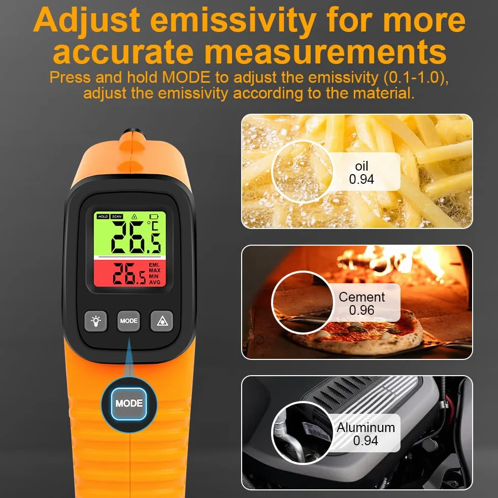 Termometro Infrarossi -50°C ~ 550°C Digitale Laser Senza Contatto Emissività Regolabile per Cucina Forno BBQ