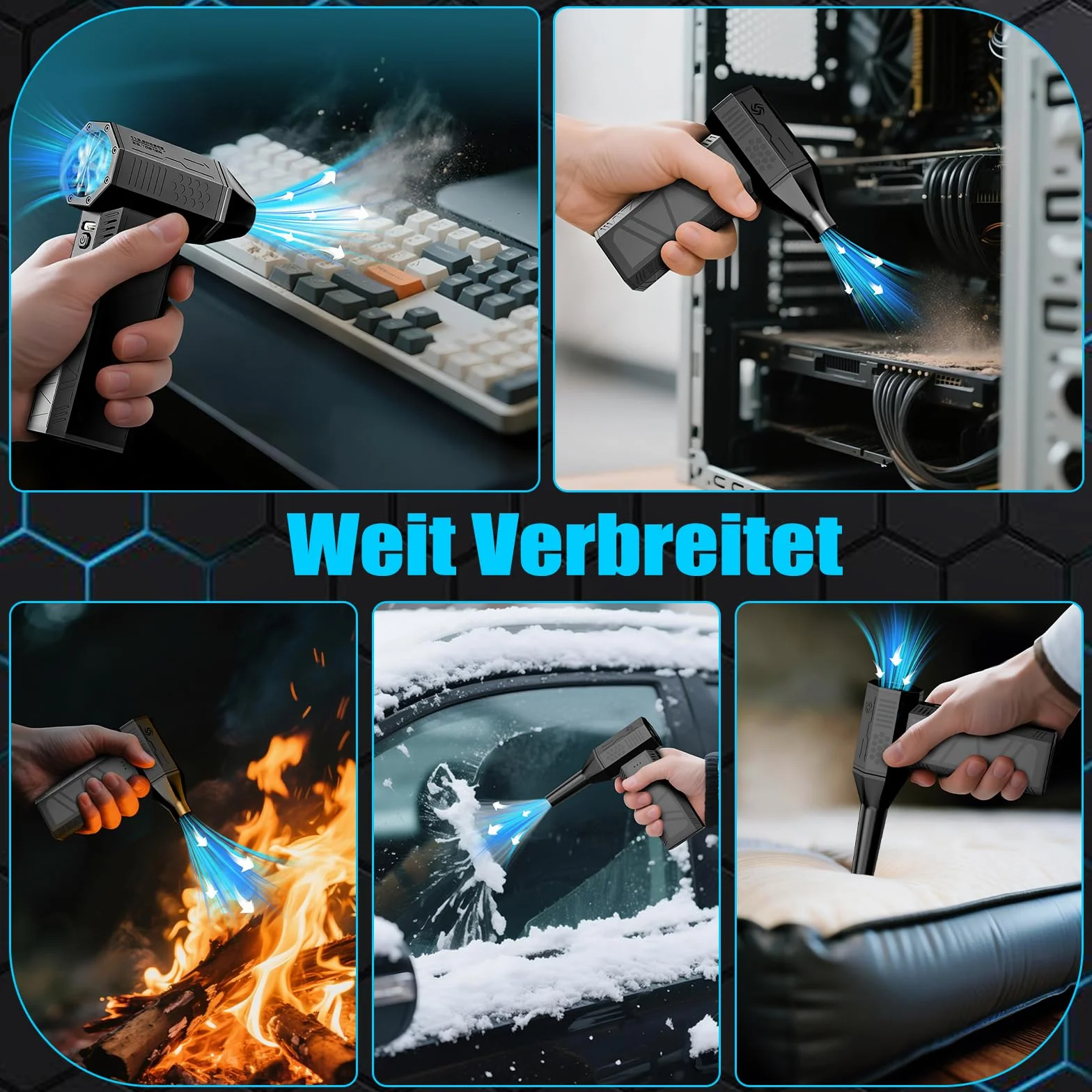 Aria Compressa Elettrico Rimuovi Polvere - 3 Velocità 130000 Giri/Min Mini Soffiatore a Batteria, Turbo Fan con 4 Soffiatore, Pistola ad Aria Compressa per Pulizia di PC, Tastiera, Auto e Divano