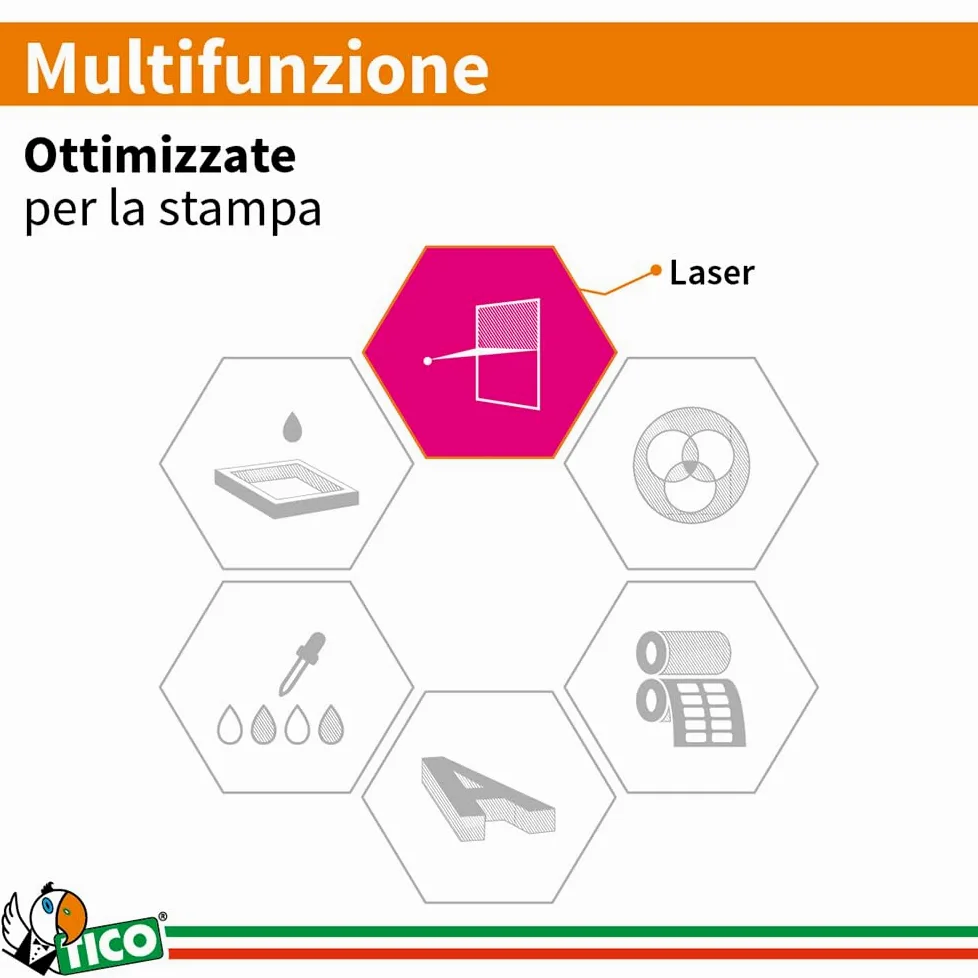 Tico Italia LP4P-210148 Etichette adesive bianche resistenti in poliestere, 70 fogli A4, rettangolari 210x148mm, 2 etichette per foglio, adesivo permanente, stampanti laser