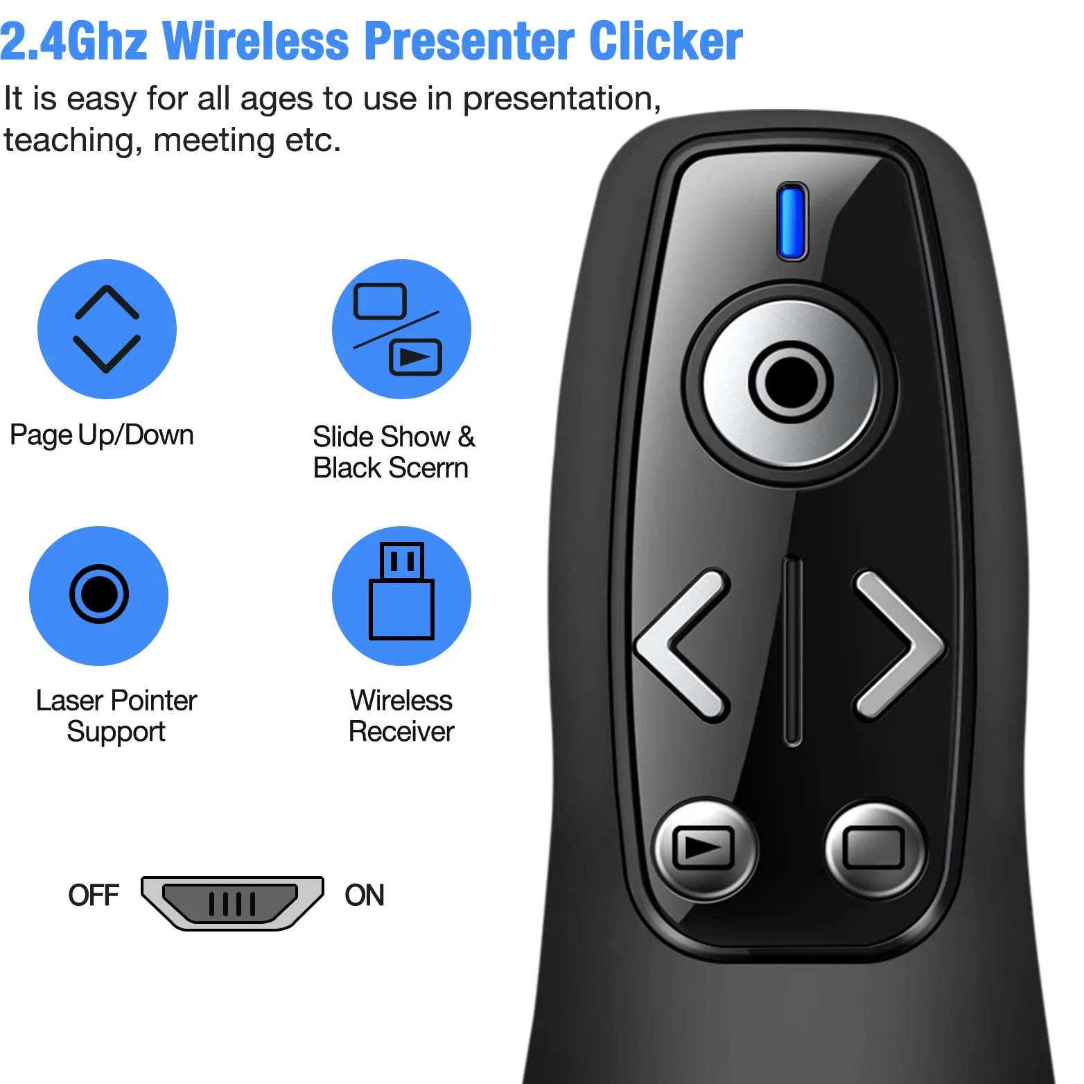 ELISWEEN Presentation Clicker - Telecomando wireless per PowerPoint, RF 2,4 GHz, USB, PowerPoint, con collegamento ipertestuale e controllo volume, avanzatore di diapositive PowerPoint, per Mac