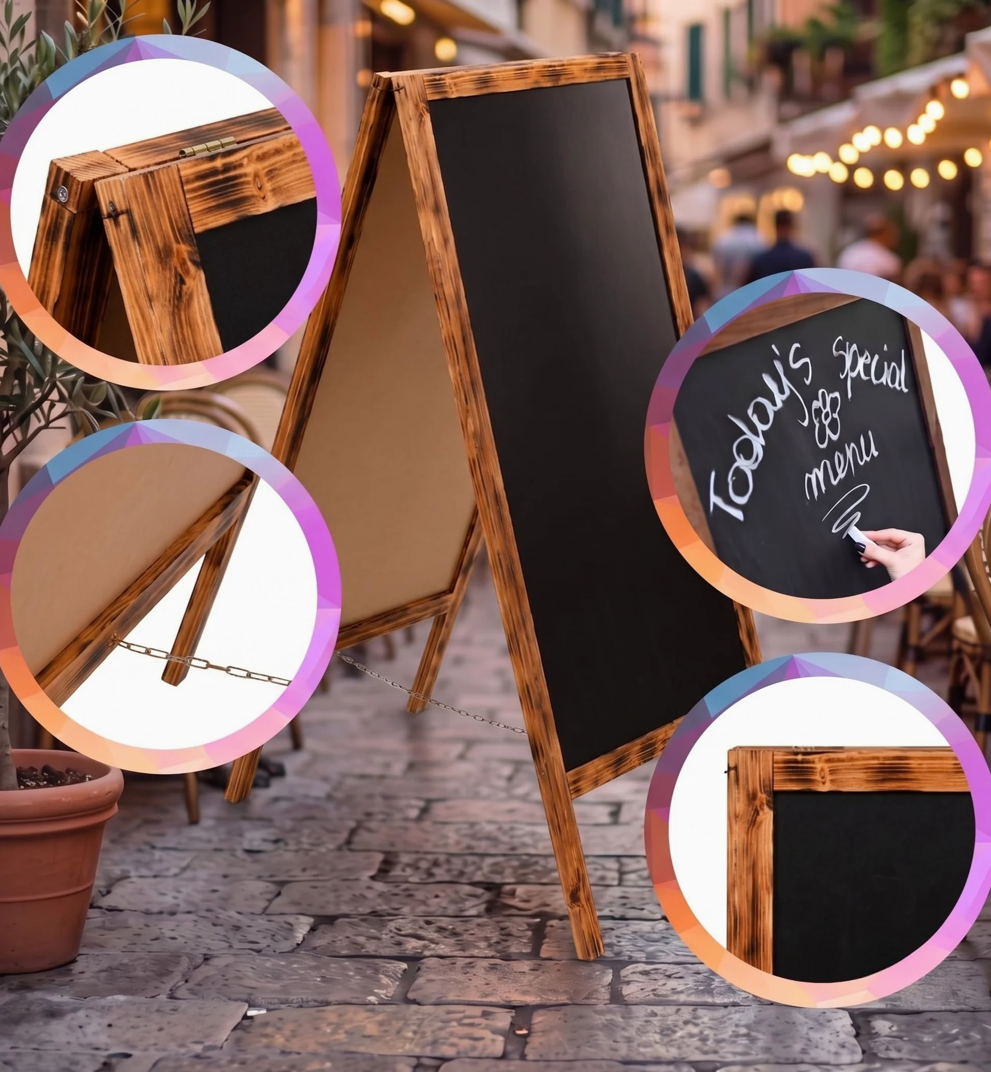 VELORA H&L Lavagna da Esterno 70 x 160 cm Legno Bruciato – Lavagna Bifacciale in Legno con Cavalletto per Ristorante Bar e Negozio, Lavagna Menu Pieghevole, Cavalletto Pubblicitario