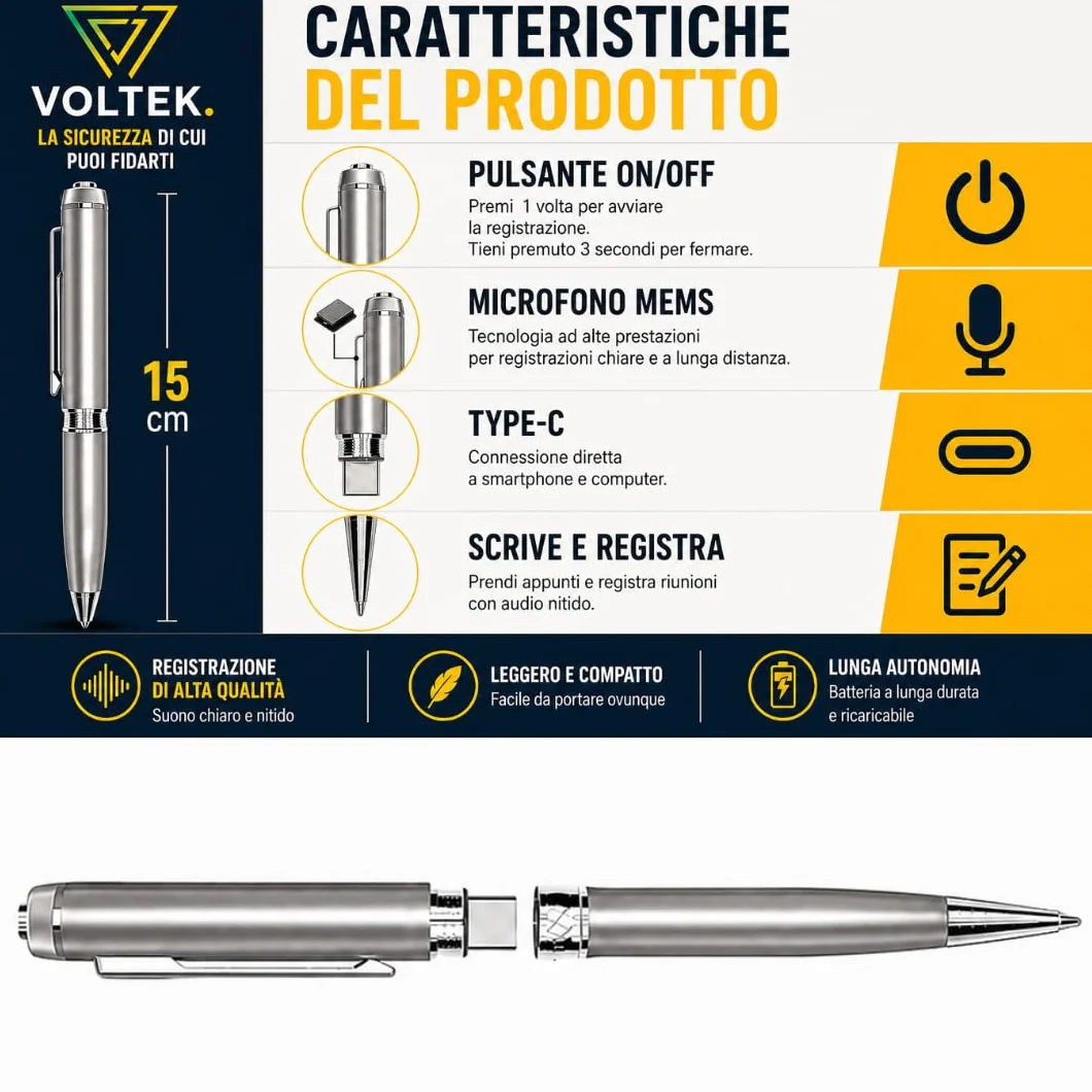 VOLTEK Penna Spia Registratore Audio - Cattura la Voce con Il detettore dittafoni Vocale. Mini registratore di ascolto remoto con memoria da 64 GB – E-Book gratuito incluso