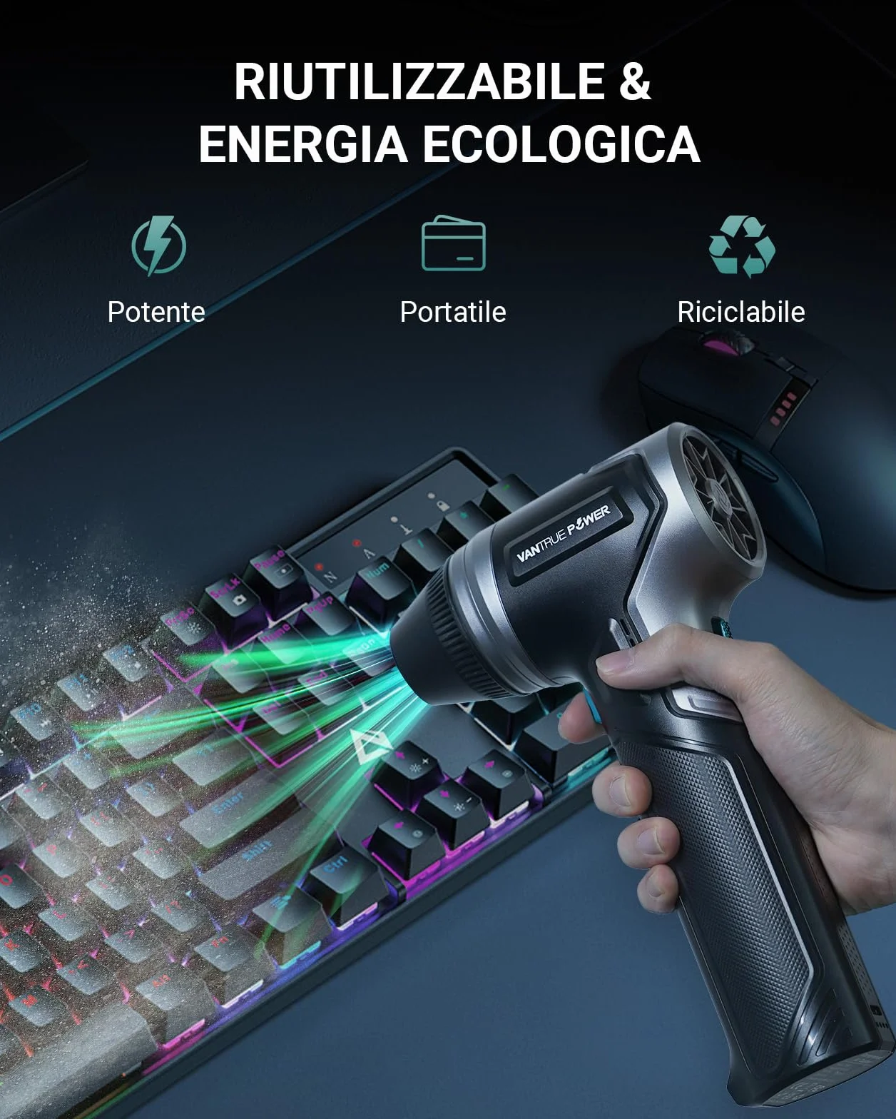 T800 Elettrico Rimuovi Polvere Aria Compressa Senza Fili, Soffiatore Aria Compressa,Regolazione a 3 Velocità per Tastiera, Auto, Esterno