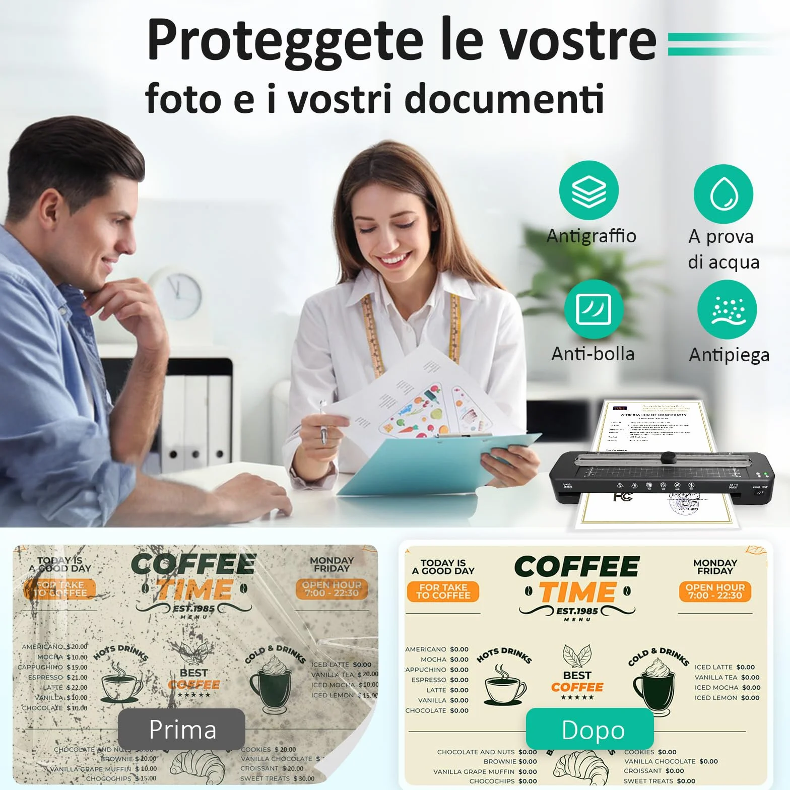 Plastificatrice A3 Integrata, Calda e Fredda, Con 20 Fogli di Pellicola di Laminazione per A4 A5 A6, Con Bordo Angolare, per Ufficio, Casa, Scuola