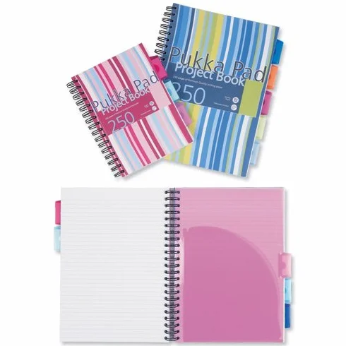 Pukka Pad Project Book PROBA5 - Confezione di 3 quaderni spiralati per progetti, perforati, 3 divisori, copertina in plastica, a righe, 250 pagine, 80 g/m², A5, colori assortiti Confezione da 6 1 - confezione