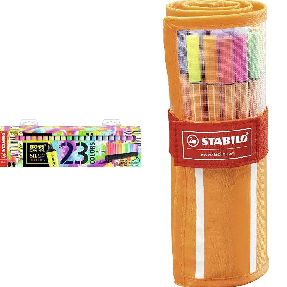Stabilo StabiloEvidenziatore - Boss Original Desk-Set 50 Years Edition - 23 Colori Assortiti 9 Neon + 14 Pastel & Fineliner - Point 88 - Rollerset Con 30 Colori Assortiti