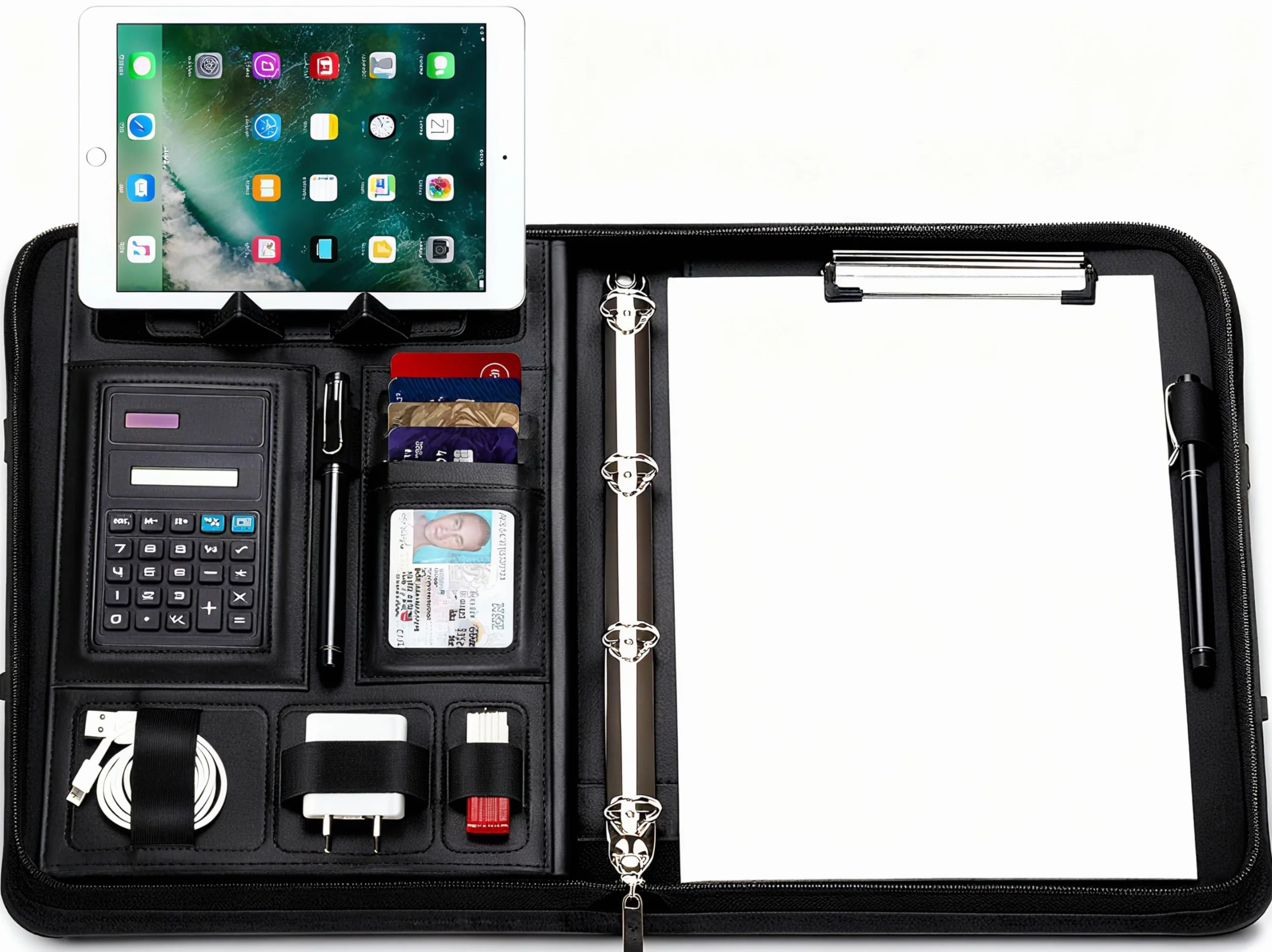 Cartella portadocumenti A4 in pelle con calcolatrice, raccoglitore ad anelli, manici magnetici pieghevoli, supporto tablet e smartphone