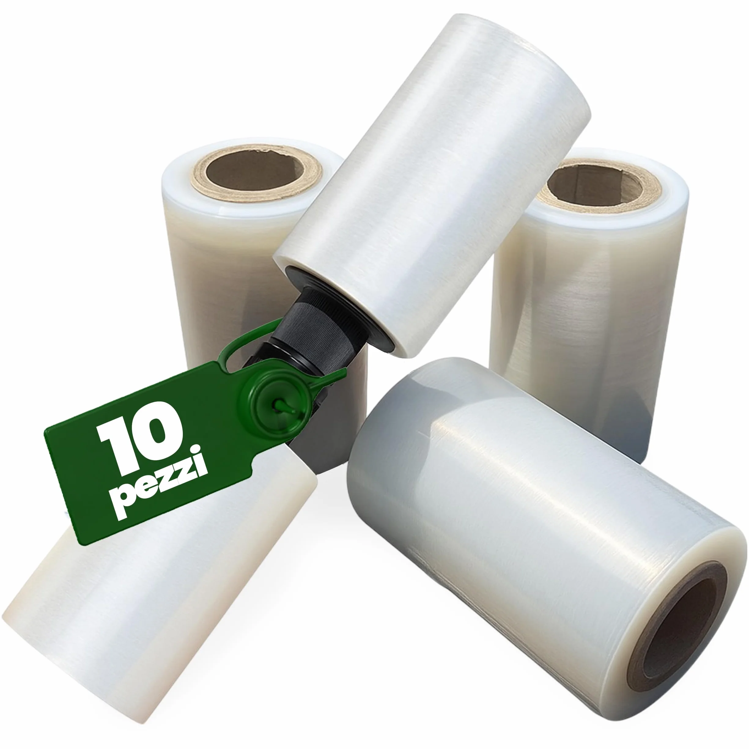 Plastisak - Pellicola Imballaggio Trasparente H 12,5 cm, Cellophane Estensibile Versatile per Pallet, Imballaggi e Copertura Igienica – Kit da 10 Rotoli e Manico Ergonomico