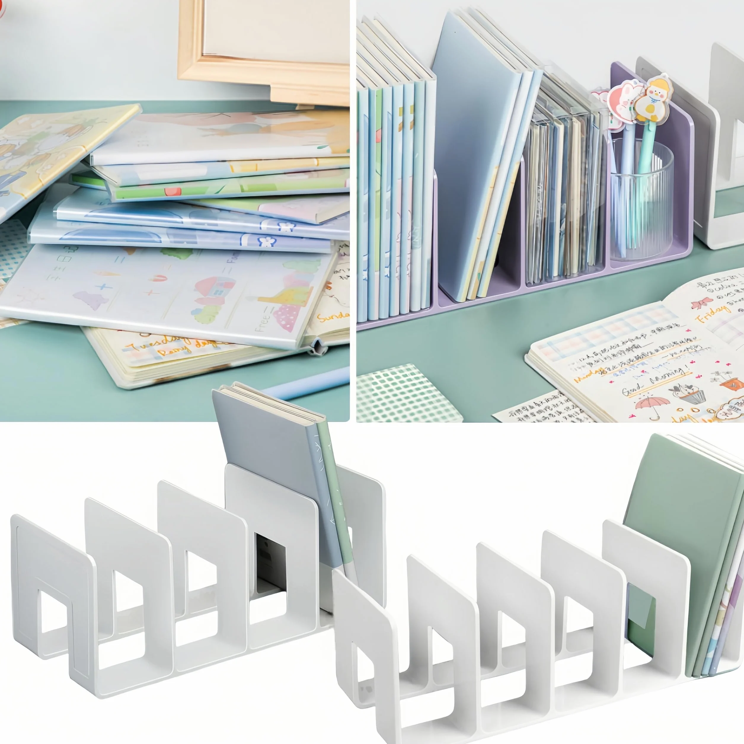 Porta Libri da Scrivania 4 Pezzi Ferma Libri Scaffale Organizer Divisori Sostegno Portatile Bianco