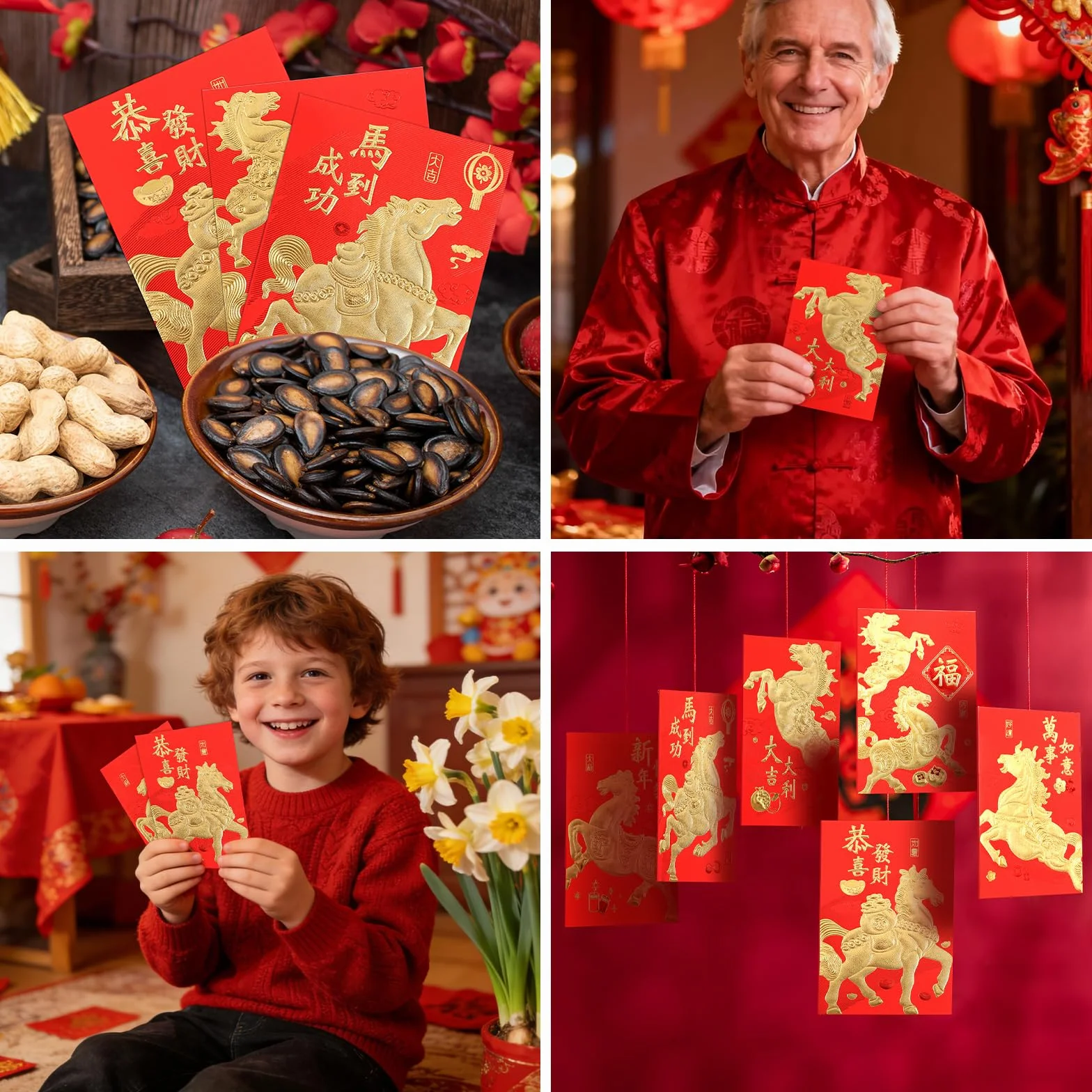 Buste Rosse per Capodanno Cinese 2026 Feng Shui 11,5x8cm 36pz con 50pz Monete Cinesi (6 Stili)