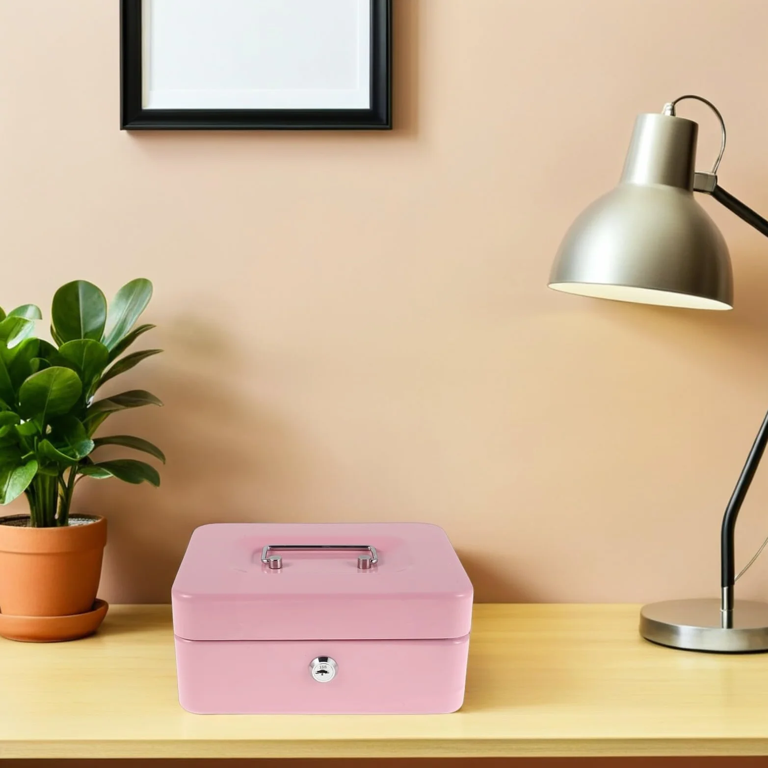 Mipcase Cassetta Portavalori con Serratura e Vassoio Portamonete Rosa Piccola Cassaforte Portatile per Contanti e Oggetti di Valore Contenitore di Sicurezza con Chiave per Ufficio