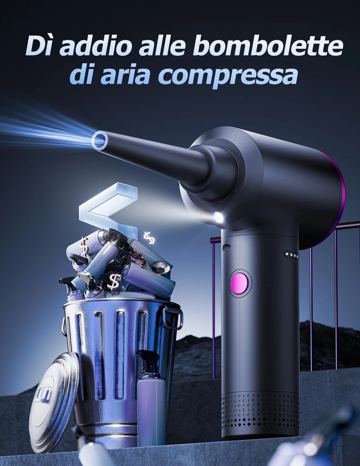 Soffiatore ad Aria Compressa - 100.000 Giri/Min Aria Compressa Spray con Batteria da 9000 mAh, Aria Compressa Elettrico a 3 Velocità con luce LED per la Pulizia del PC, Divano, Tastiera, Auto