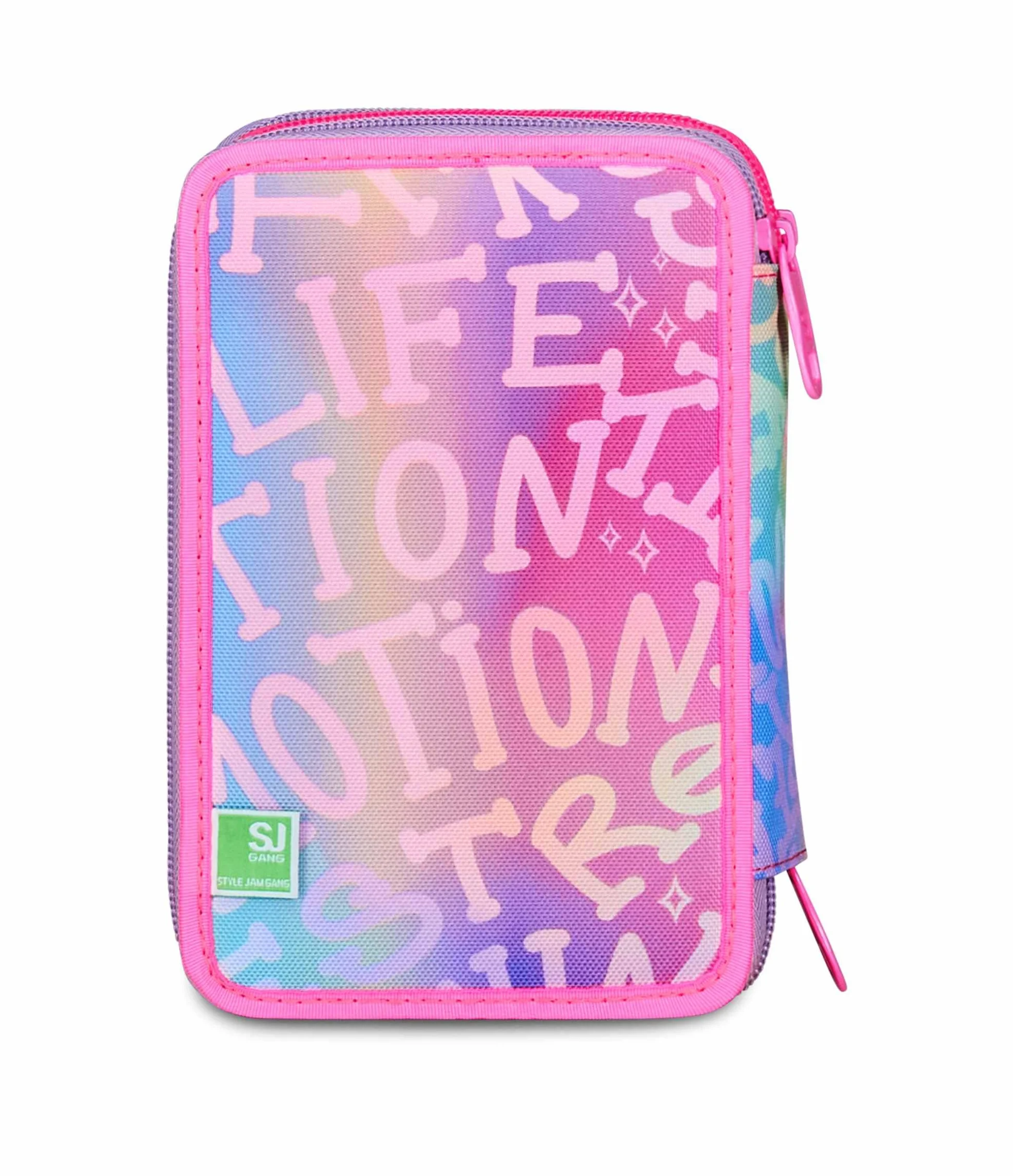 Astuccio Scuola 3 Zip Fucsia Portapenne Triplo Scomparto Completo Penne Matite Colori