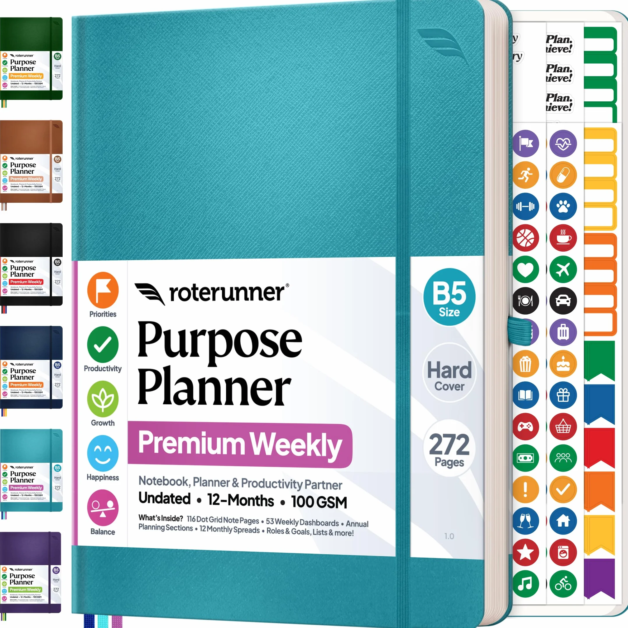 Roterunner Agenda B5, 19 x 24,9 cm, 12 mesi, non datata, 2026, giornaliera, settimanale e mensile, strumento per la definizione degli obiettivi di produttività, per lavoro, casa, ADHD, per adulti