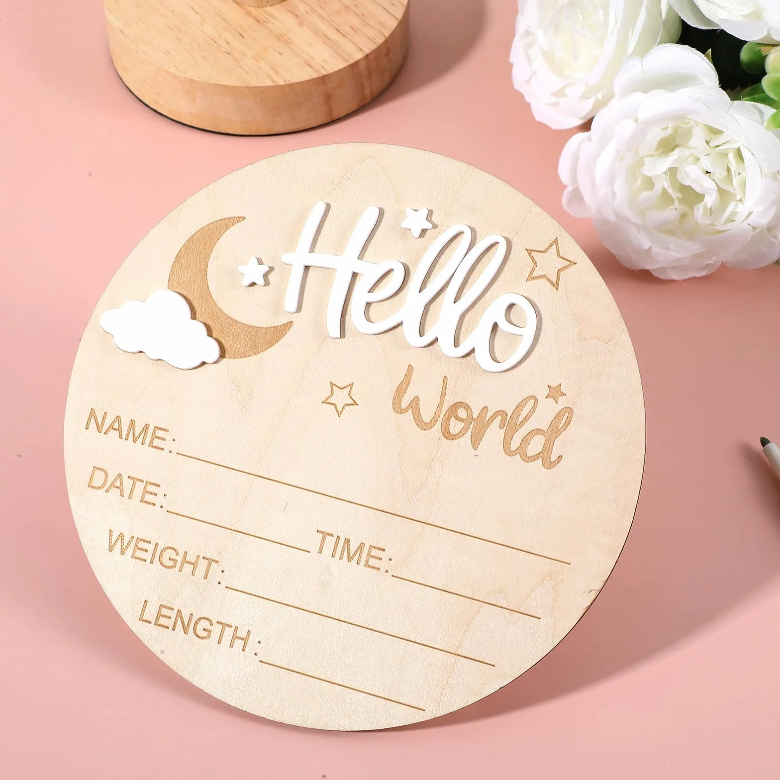 Nogeqi Biglietti miliari bianchi per bambini legno Hello World neonati rotondi genitori incinte
