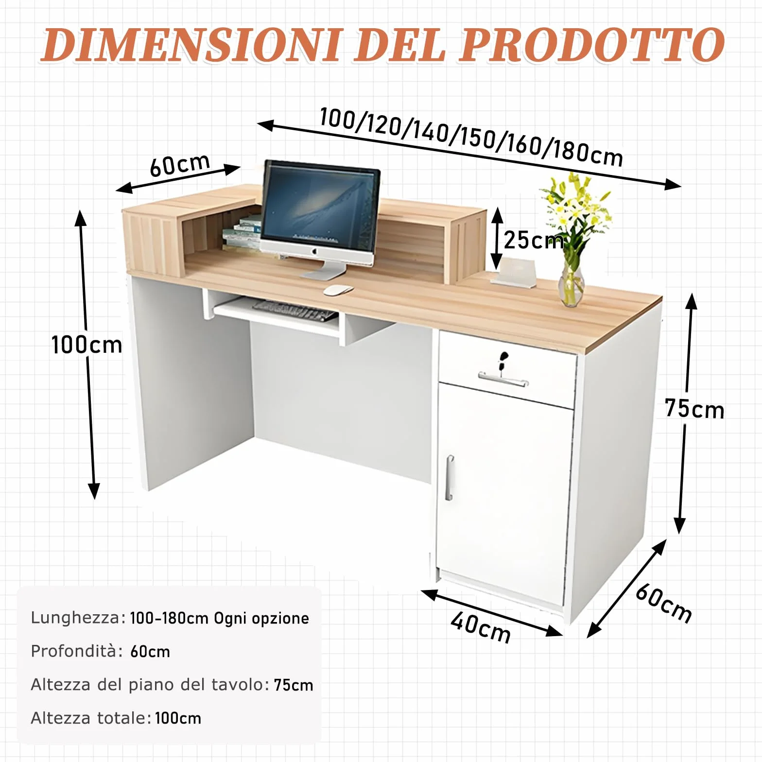 Bancone Reception Moderno in Legno con Ripiani e Cassetti, 100–180 cm Bancone Negozio, Bancone da Accoglienza per Ufficio, Salone, Negozio, Hotel, Studio Professionale Nero/Sinistra 160x100x60cm