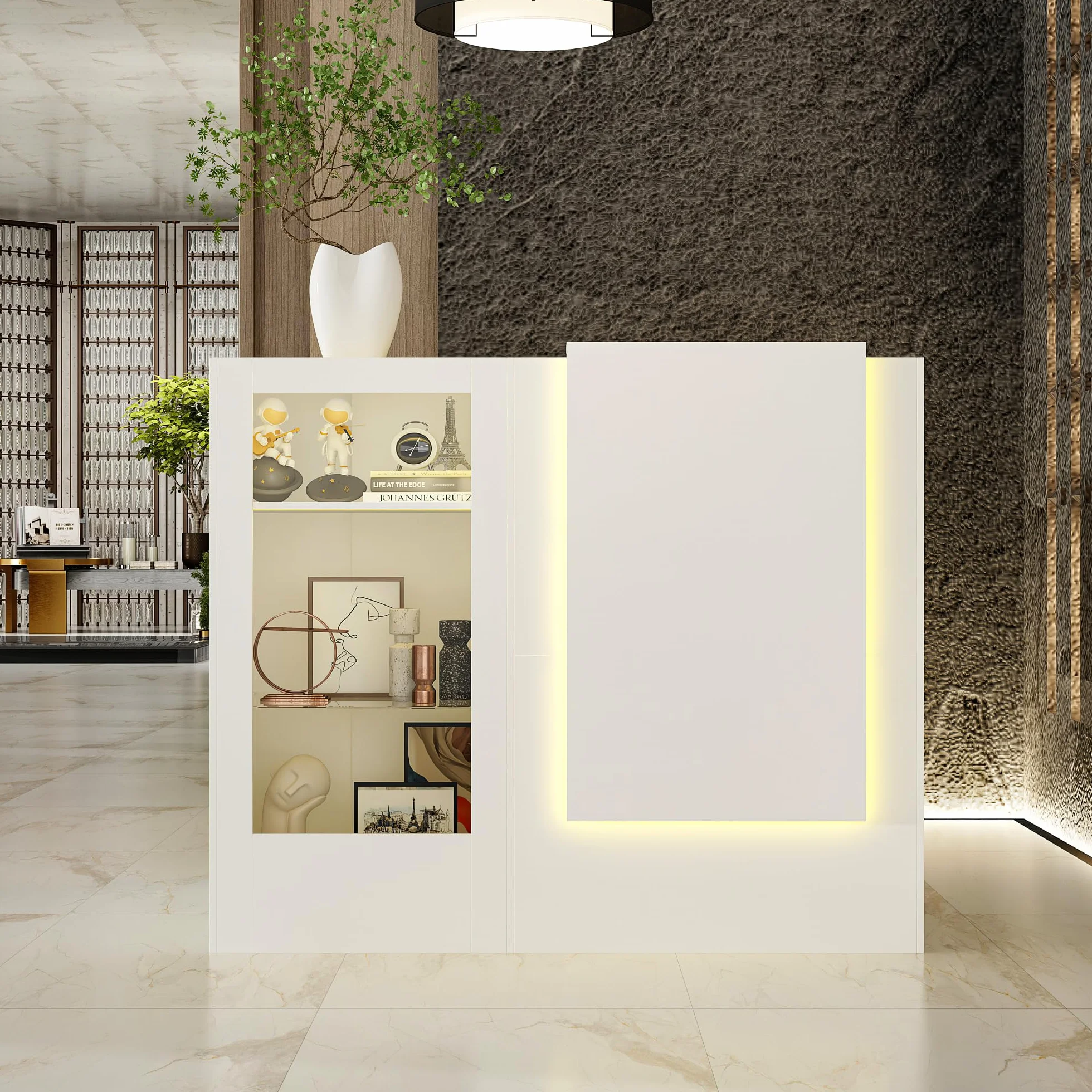 Cassetto angolare bianco con cassetto tastiera e 2 armadi, cassette ricezione con strisce luminose e vetro tempered, tavolo reception 120x122