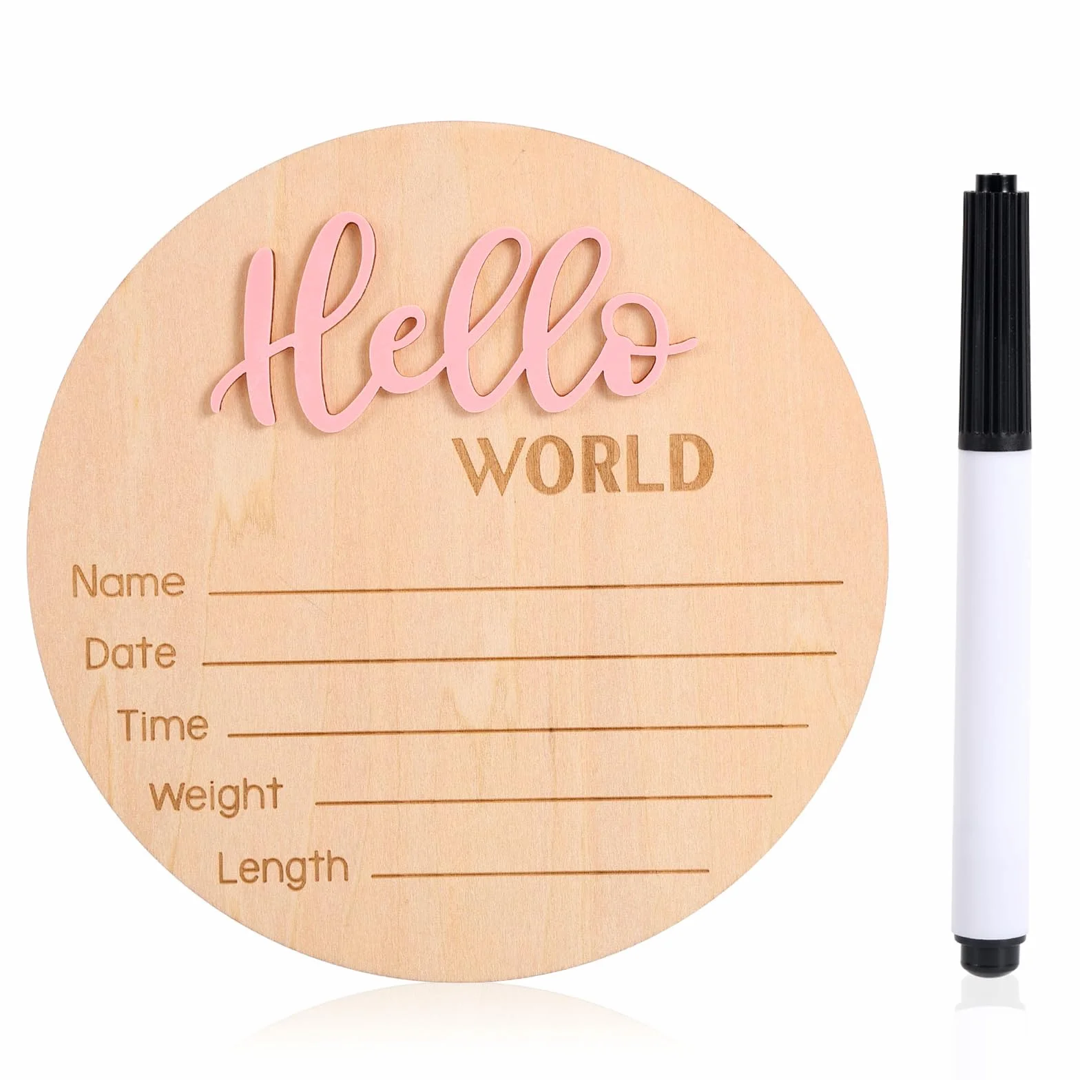 Cartello di Annuncio del Neonato in Legno 15 cm con Scritta Hello World Rosa Chiaro per Baby Shower