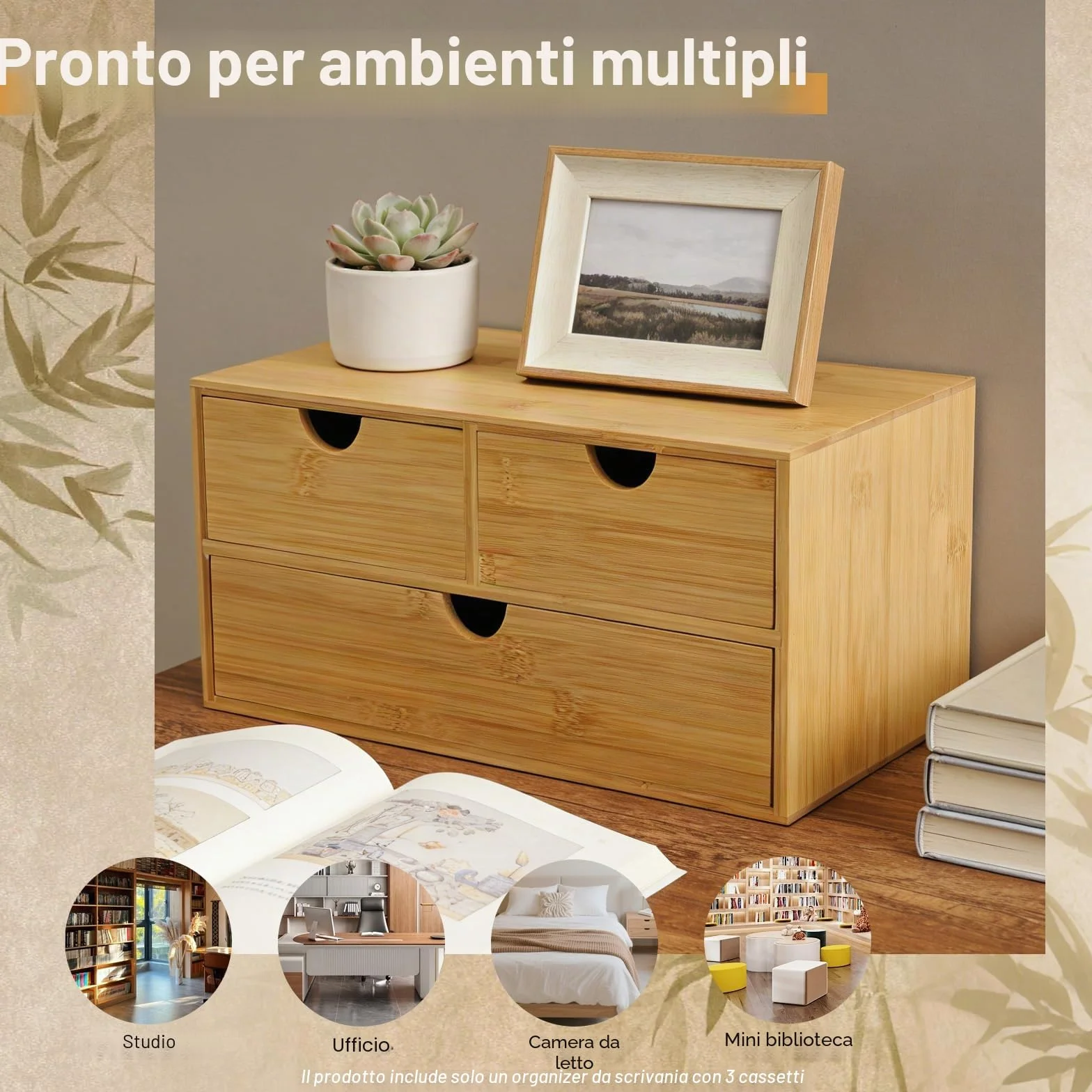 Organizer da scrivania in bambù con cassetti, mini cassettiera in bambù, design monoblocco, scatola per trucco con 3 cassetti, per ufficio, soggiorno e camera da letto