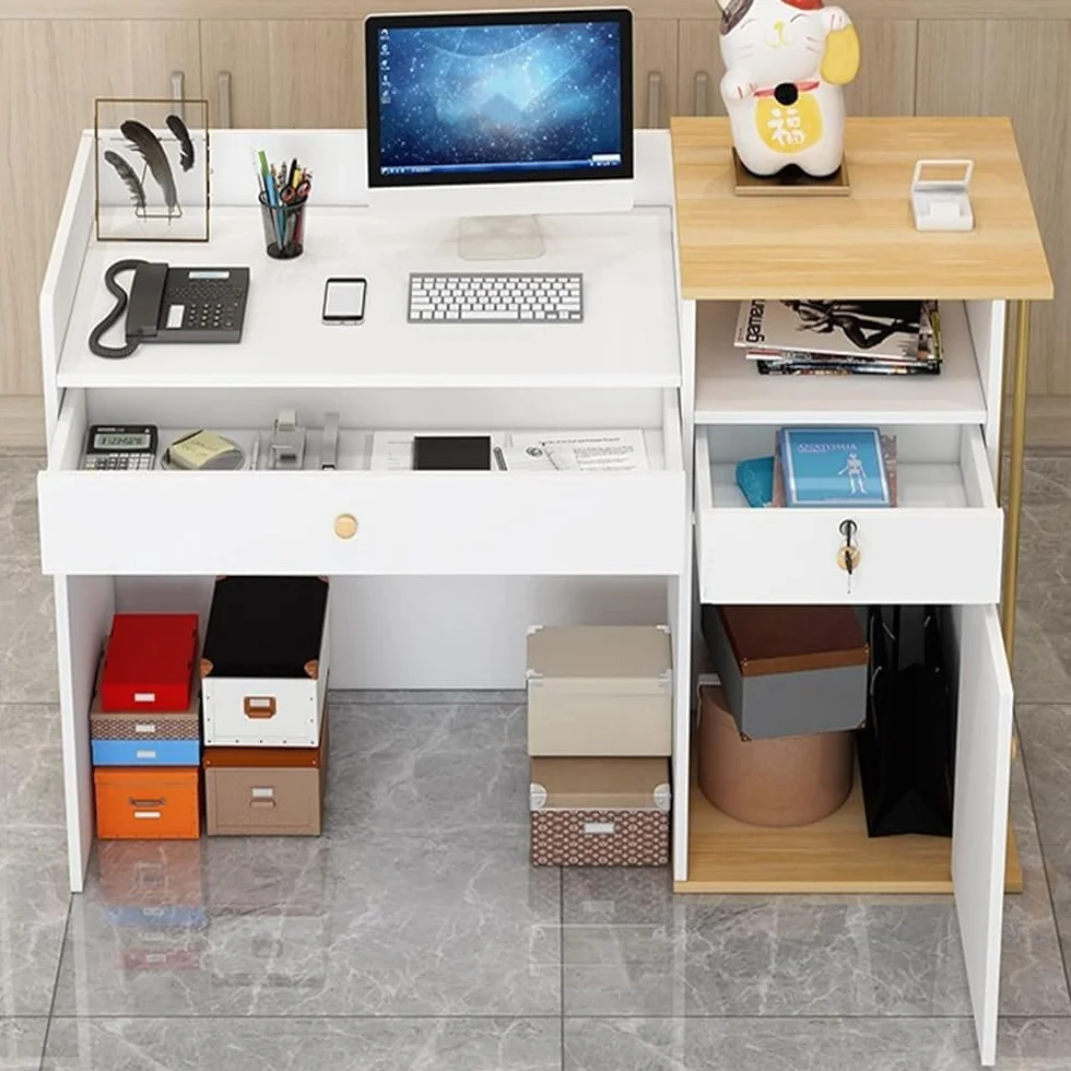 Banco Reception Bancone Cassa per Negozio con Chiudibile Cassetti,Banco della Reception Scrivania Salvaspazio 4 Spazio di Archiviazione,Bancone Vendita(Marble Color,100x40x90cm)