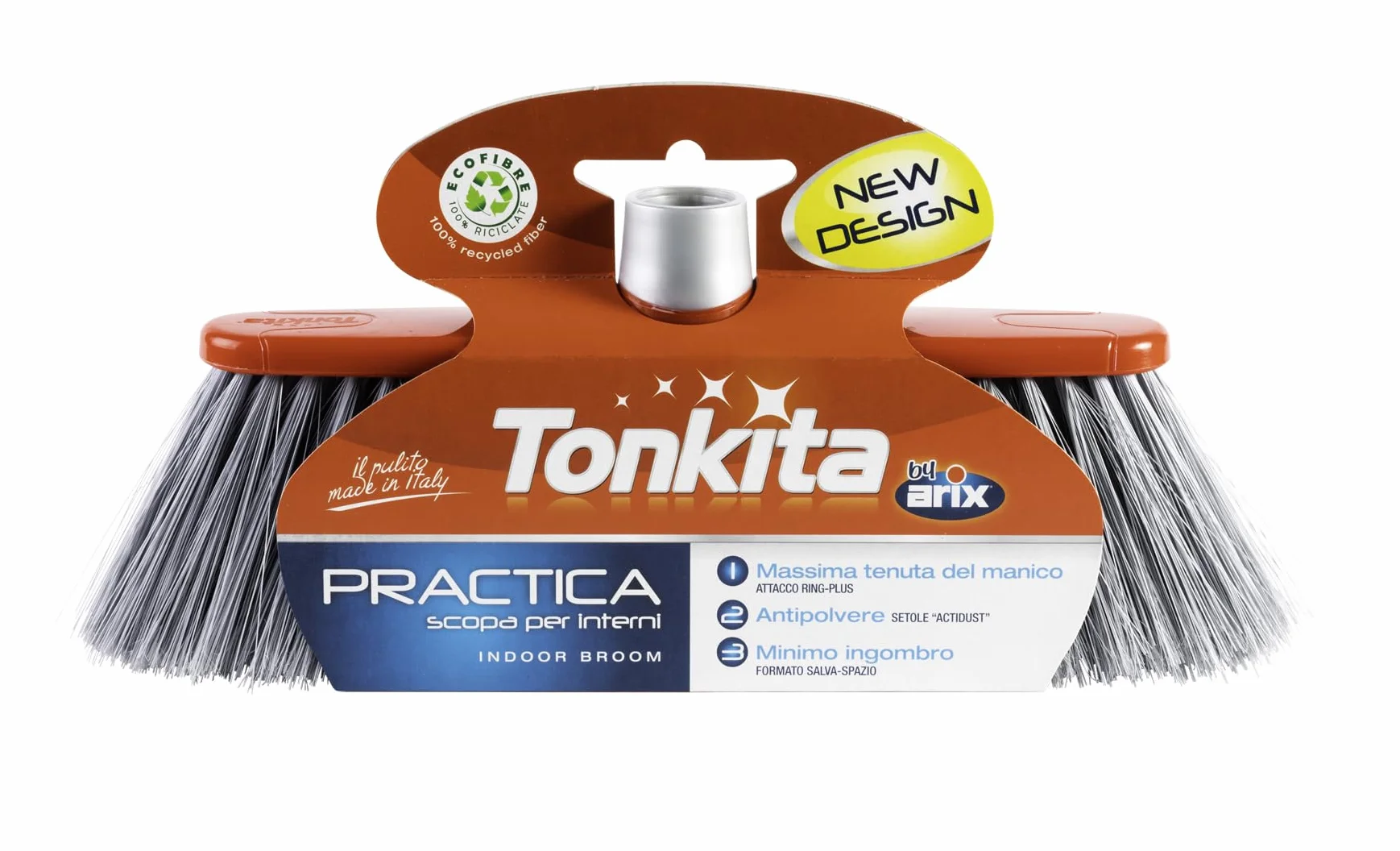 TONKITA Scopa per Spazi Interni con Bordo Paracolpi Setole Fitte e Inclinate Materiale Riciclato Made in Italy