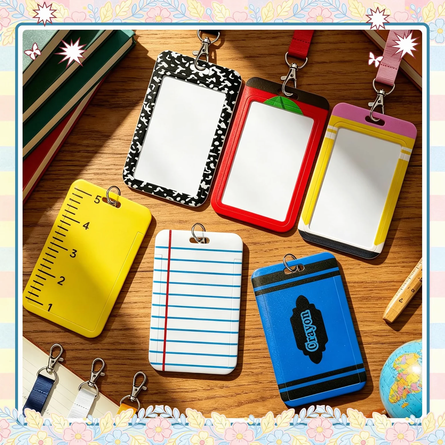 Confezione da 12 porta badge per insegnanti, con cordino, carini porta badge retrattili per insegnanti, composizione, matite, pastelli, design mela, regalo di apprezzamento per insegnanti, per donne
