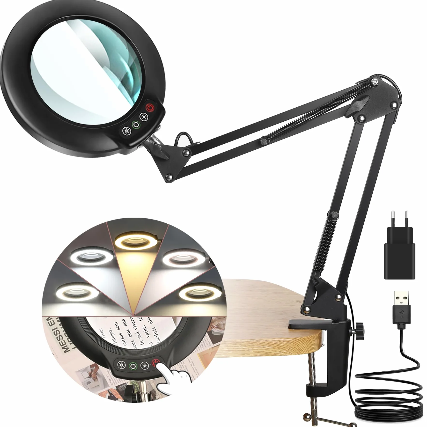Veemagni 12X Lente di Ingrandimento con Luce, 5 Modalità di Colore Dimmerabili, Lampada da Scrivania LED con Morsetto, Lampada Lente Ingrandimento e Supporto per Lettura Pittura Hobby