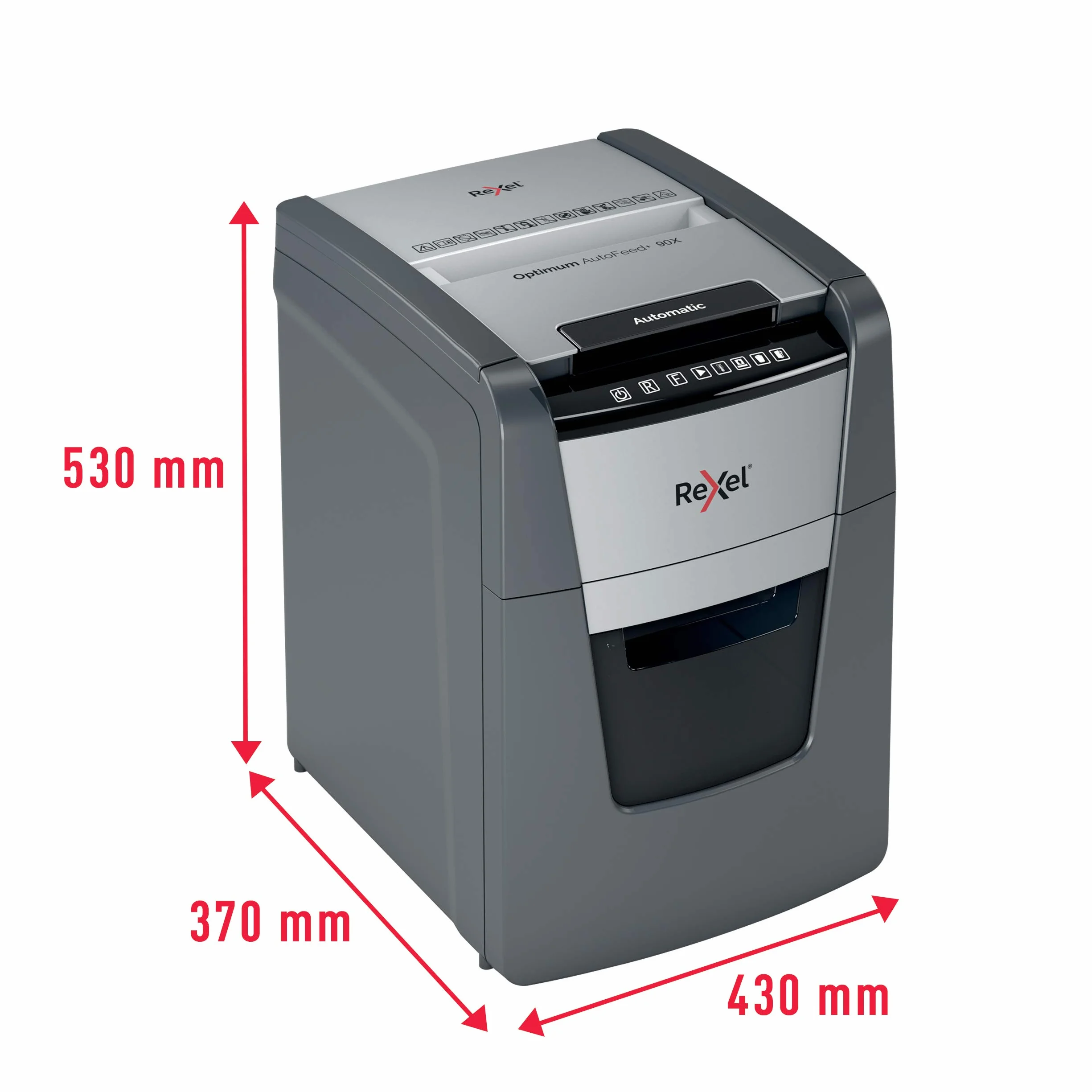 REXEL Optimum Auto Feed+ 90X, Distruggi documenti Automatico, 90-99 Fogli (80-70 gr/mq), Taglio a Frammento, Livello di Sicurezza P-4, per la Casa e per l'Ufficio, Capacità 34 Litri, 2020090XEU
