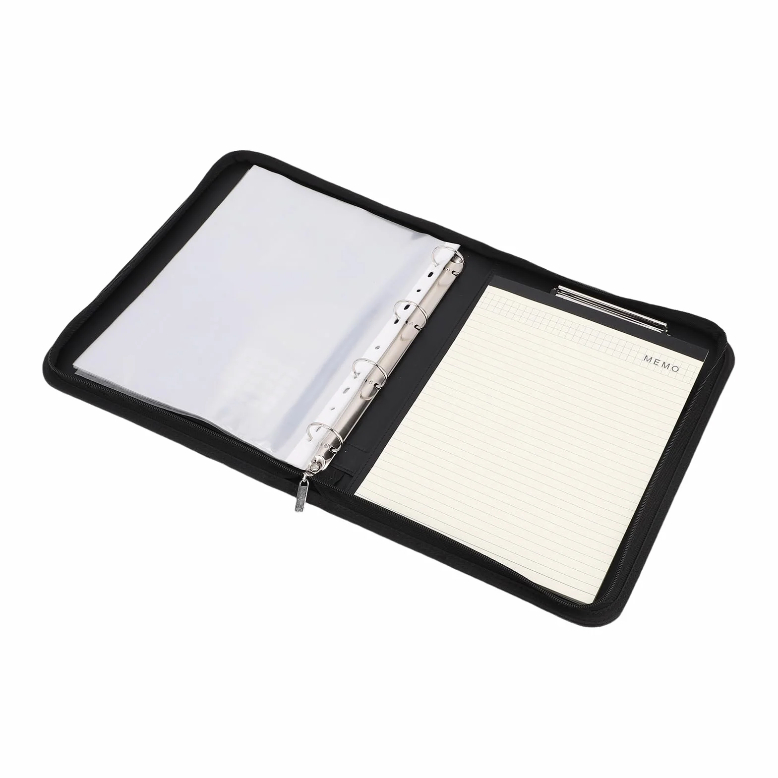 Portafoglio aziendale con cerniera, 10 buste portadocumenti trasparenti, pelle PU, taccuino da 30 fogli, calcolatrice solare a 12 cifre, cover per tablet da 10,1 pollici, nero