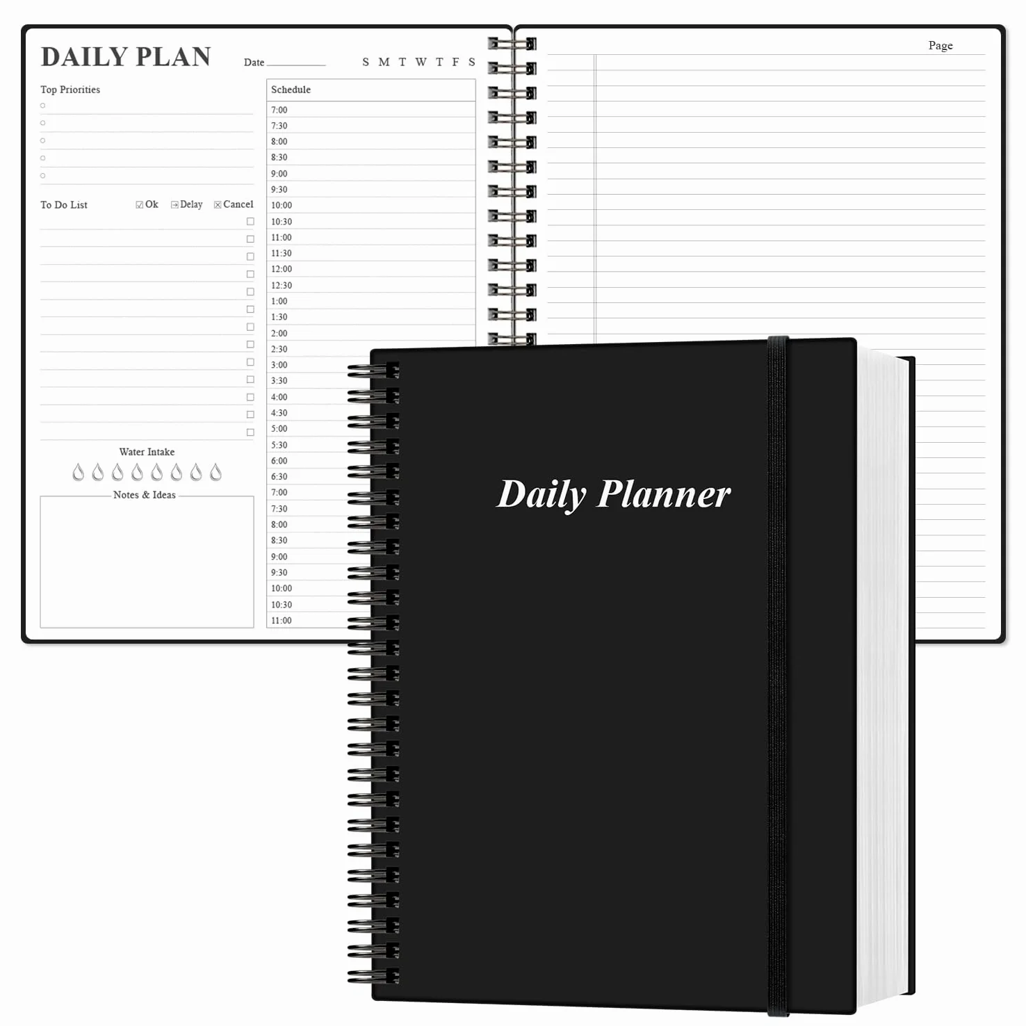 Agenda giornaliera senza data, formato A4, agenda oraria per lista delle cose da fare, 150 fogli/300 pagine, agenda a spirale per appuntamenti per donne e uomini, copertina rigida in PVC, tasca