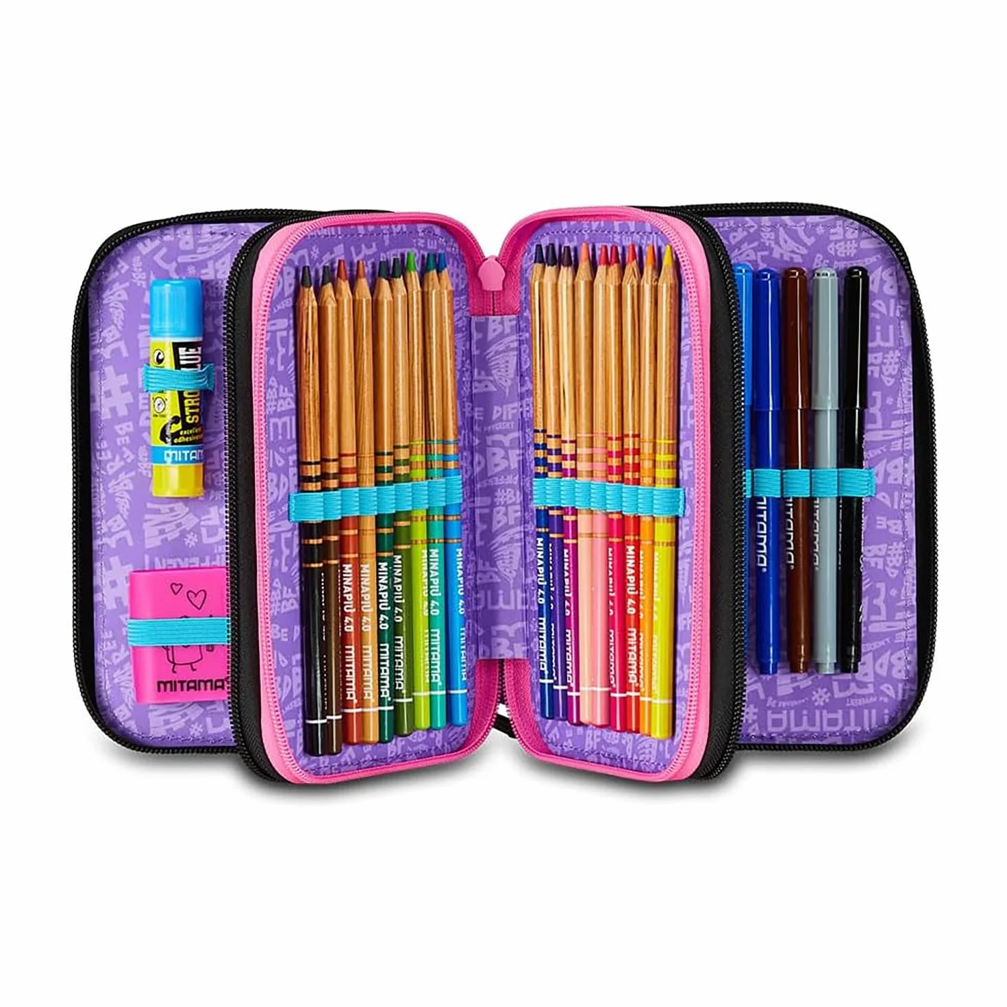 Mitama Astuccio Scuola 3 Scomparti, TRIPLO MANGA EFFECT, Contenuto 47 pz, Completo di Matite, Pennarelli, Portapenne Scuola Elementare Bambina, 064523-000