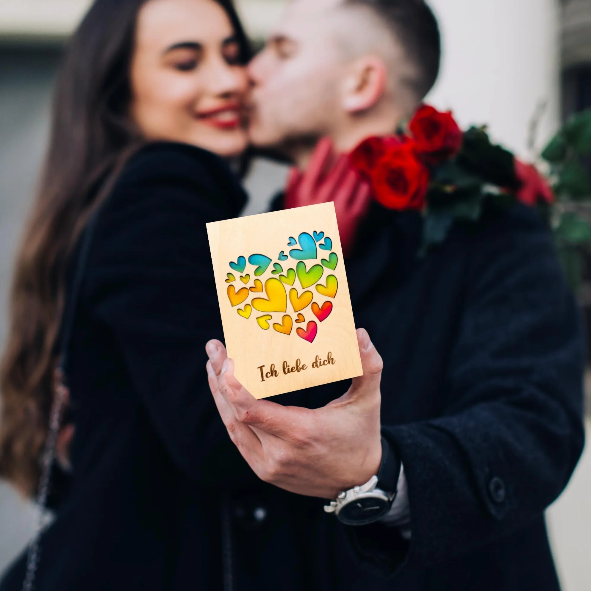 Biglietto di San Valentino in legno di betulla, regalo romantico tagliato al laser