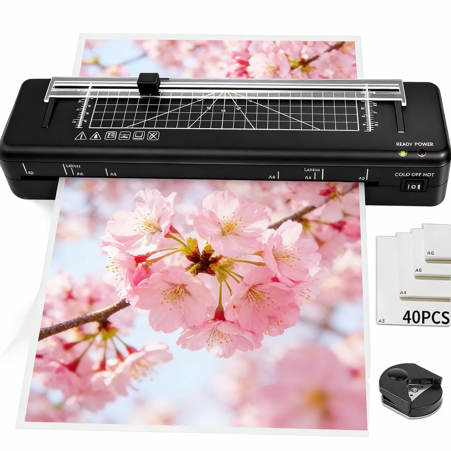Plastificatrice A3, 70 secondi riscaldamento rapido con 40 sacchetti di laminazione, sistema NTC, taglierina incorporata e punitrice per Ufficio Casa Ristorante