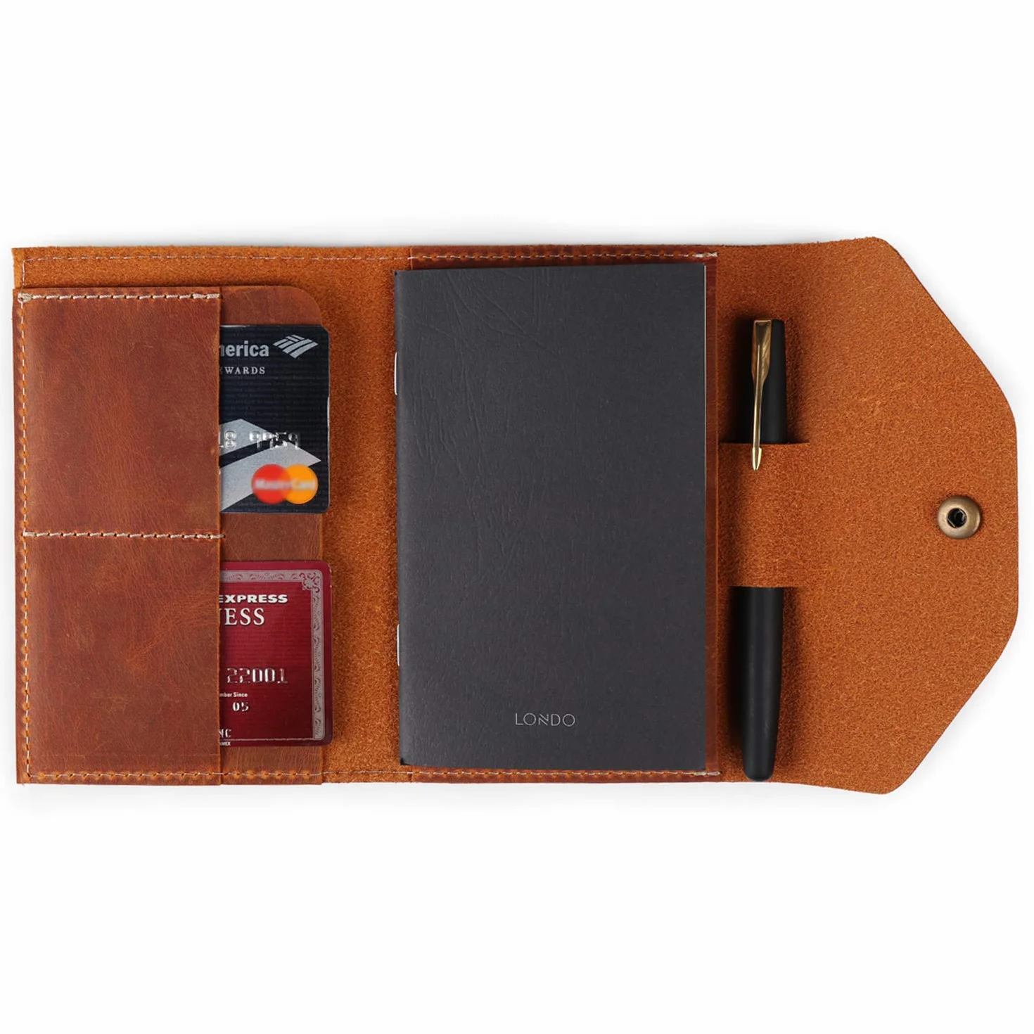 MegaGear Londo Portfolio in Vera Pelle con Blocco Note e Chiusura a Scatto, per Affari, Ufficio e Viaggi – Cartella Elegante e Funzionale in Pelle di Alta Qualità (Camel, S)