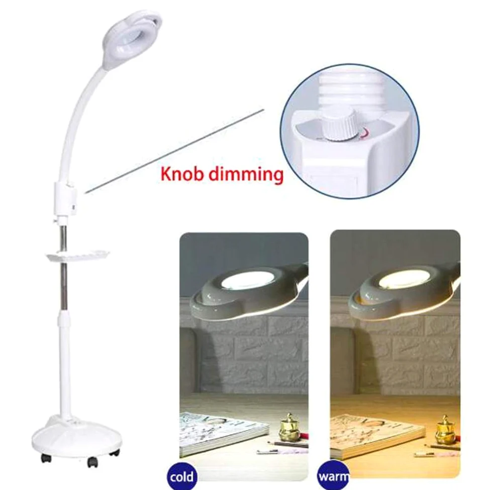 Lampada da Terra con Lente d'Ingrandimento - Lente d'Ingrandimento con Base a 5 Ruote e Braccio Flessibile - per lavori Professionali e Artigianali - Bianca