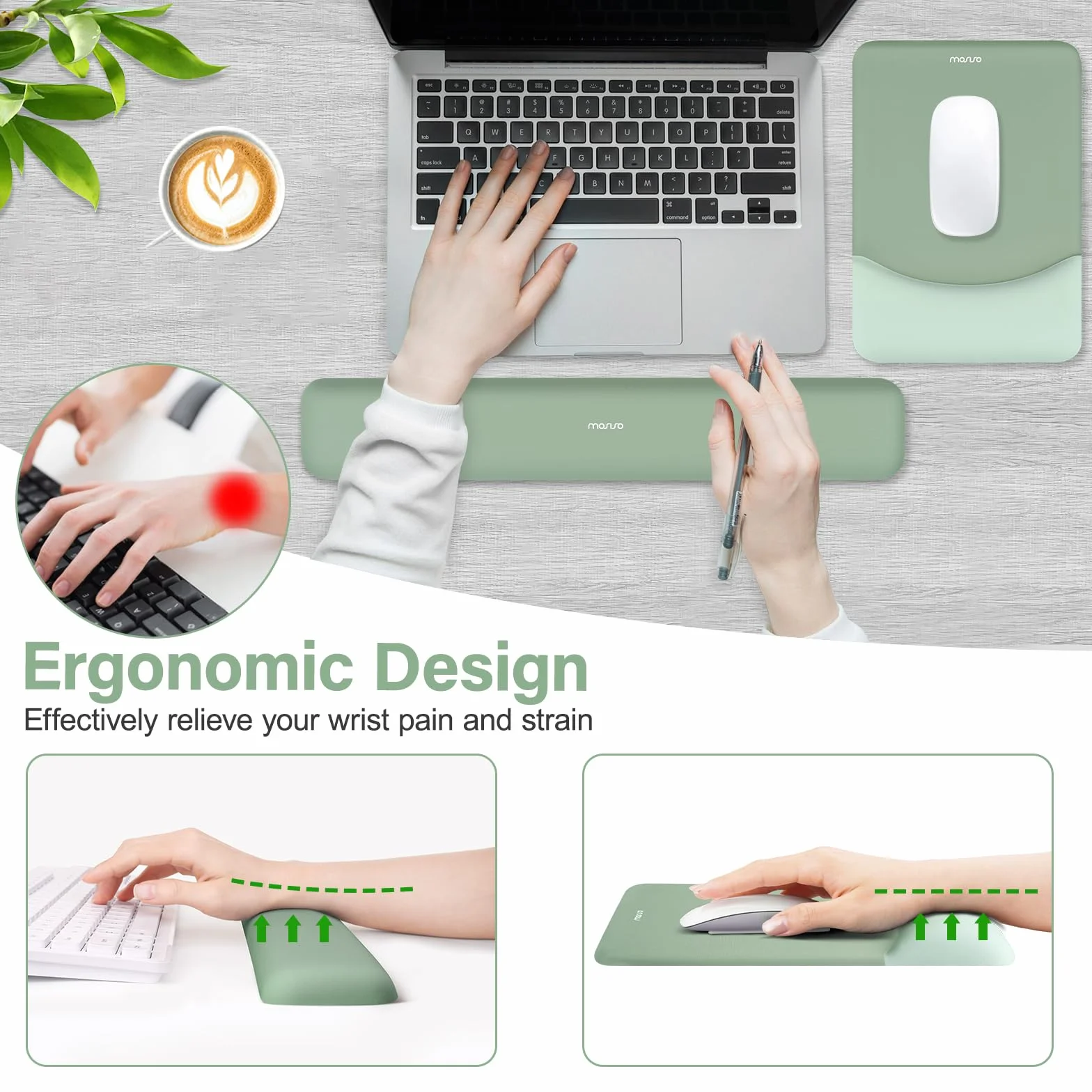 MOSISO Tappetino Mouse con Poggiapolsi e Tastiera Set, Ergonomico Antiscivolo, Memoria Schiuma, Verde