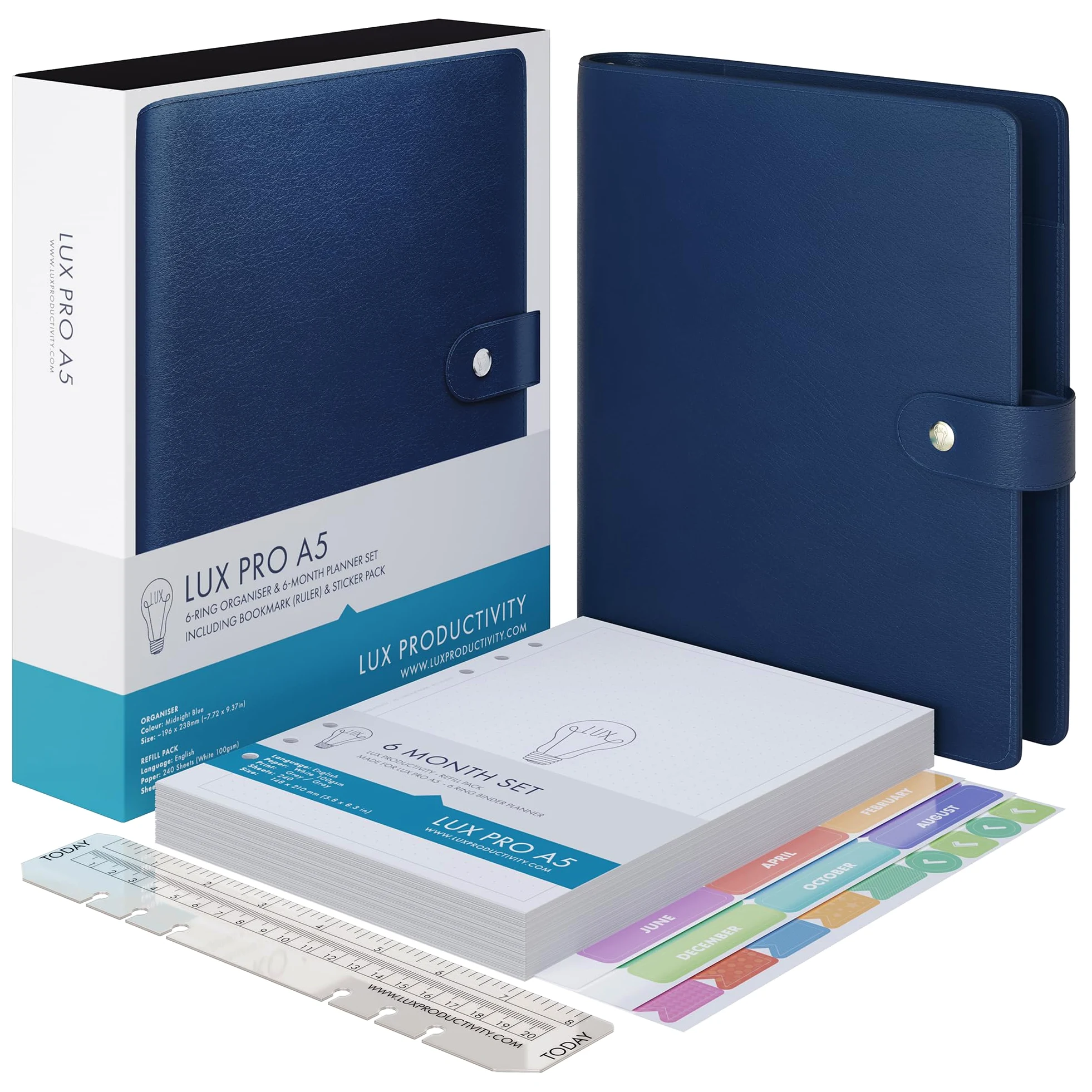 LUX PRO A5 – Agenda giornaliera e agenda – Diario di gratitudine, diario benessere e pianificatori settimanali non datati – Diari da scrivania per donne e uomini – LUX Productivity (blu – mezzanotte)