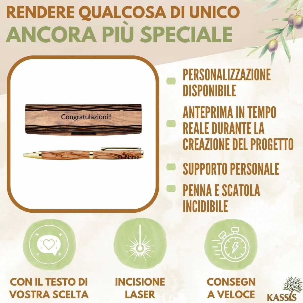 KASSIS Penna a sfera in legno d'ulivo - Realizzata a mano con bellissime venature e testo personalizzato in un'elegante scatola di legno - Penna a sfera personalizzata (Con incisione)