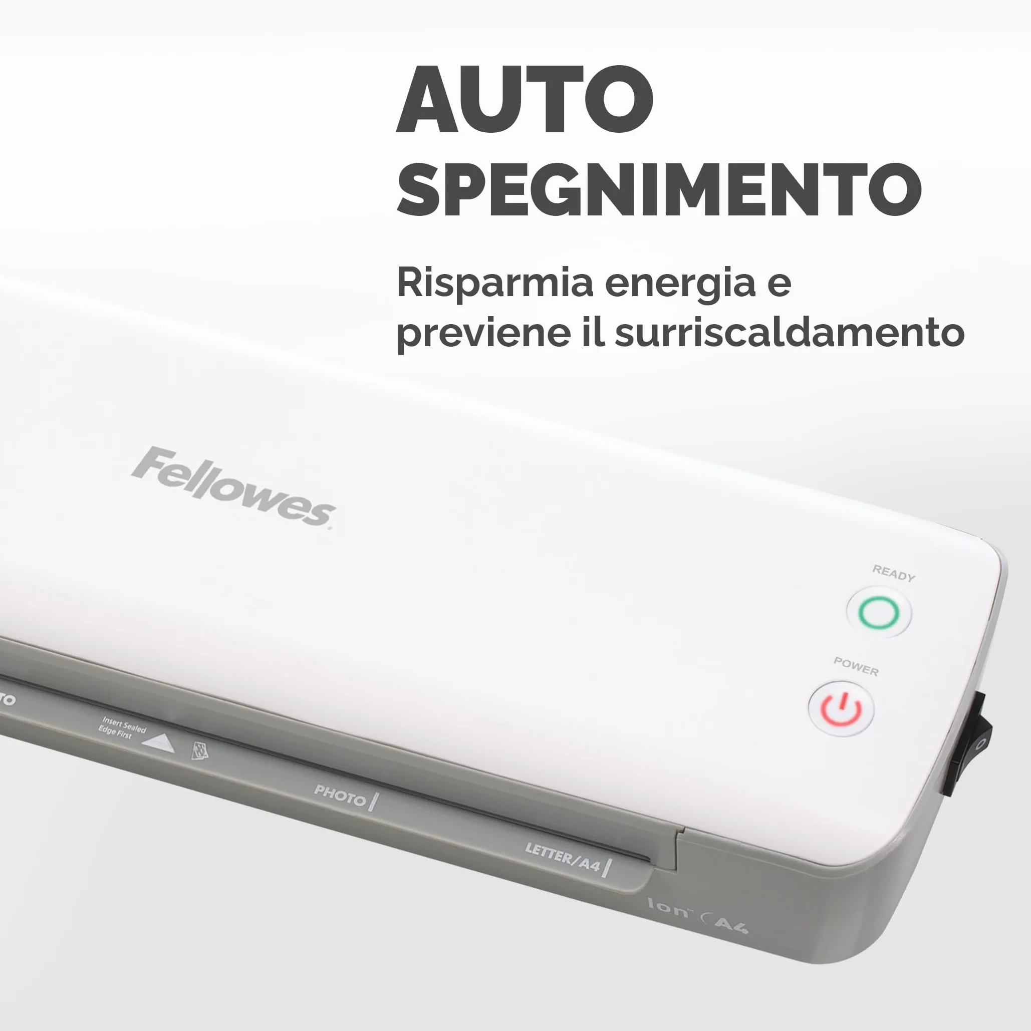 Fellowes plastificatrice Ion A4, formato A4, fino a 125 micron, per casa e ufficio, plastificatrice con leva di sblocco e modalità riposo, riscaldamento in 4 minuti, incluso starter pack di 10 pouches