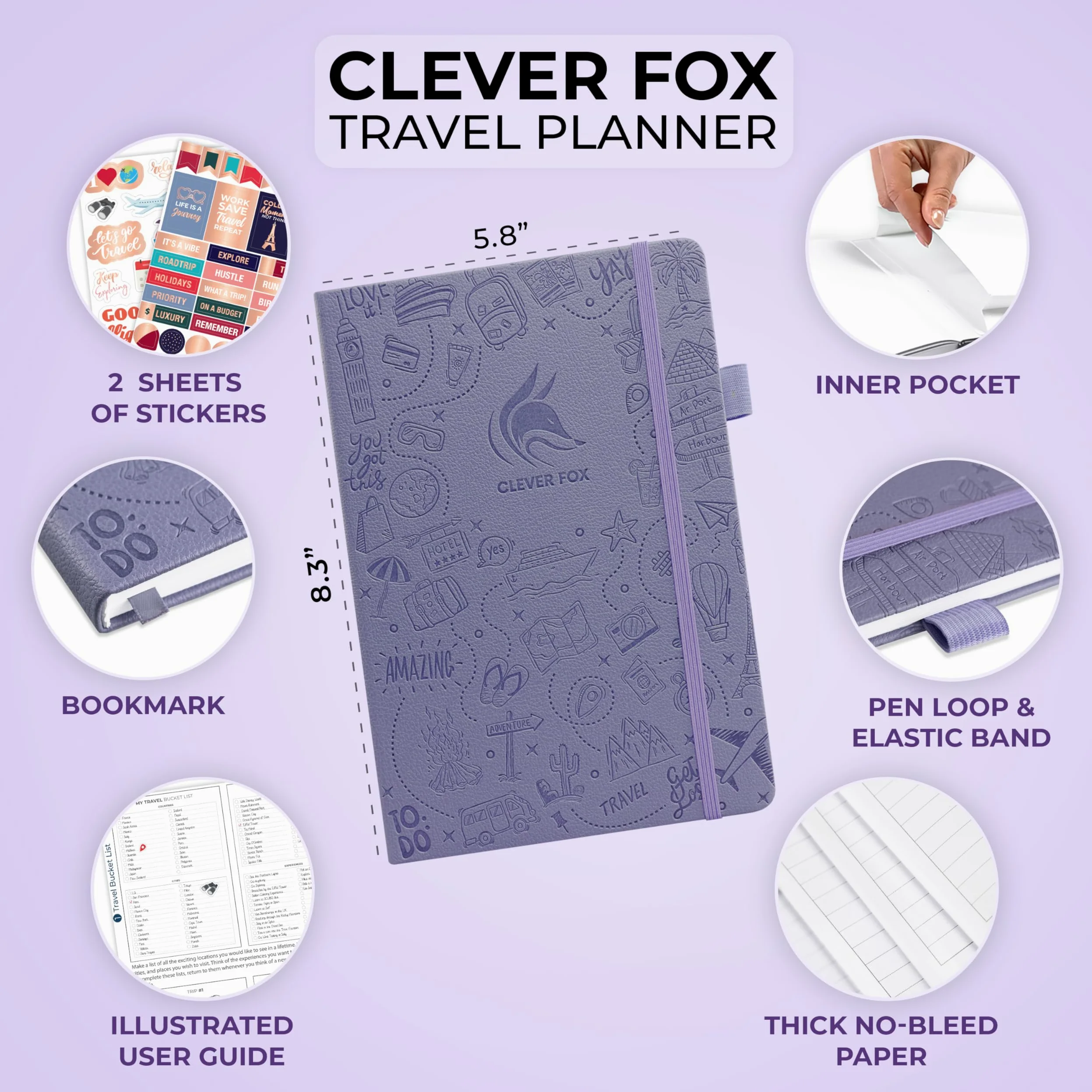 Clever Fox Diario di viaggio, organizer per itinerari, per donne, uomini e coppie, dura 5 viaggi, formato A5 (lavanda, formato A5 (14,7 x 21,1 cm)