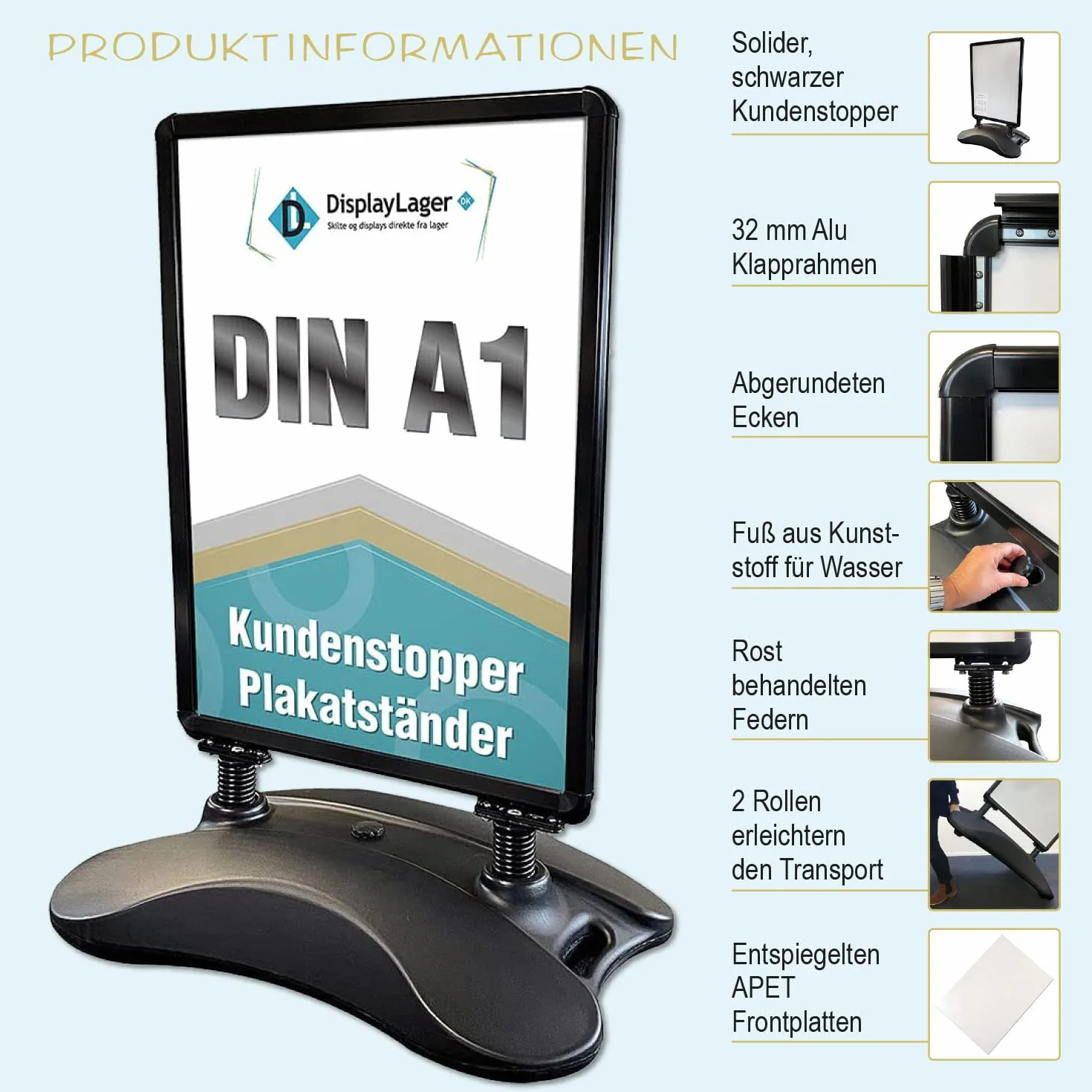 DisplayLager - Supporto per Poster con Ruote, Formato A1 (Bifacciale), Alluminio, Nero, Wind-Sign - Cavalletto Espositore Pubblicitario
