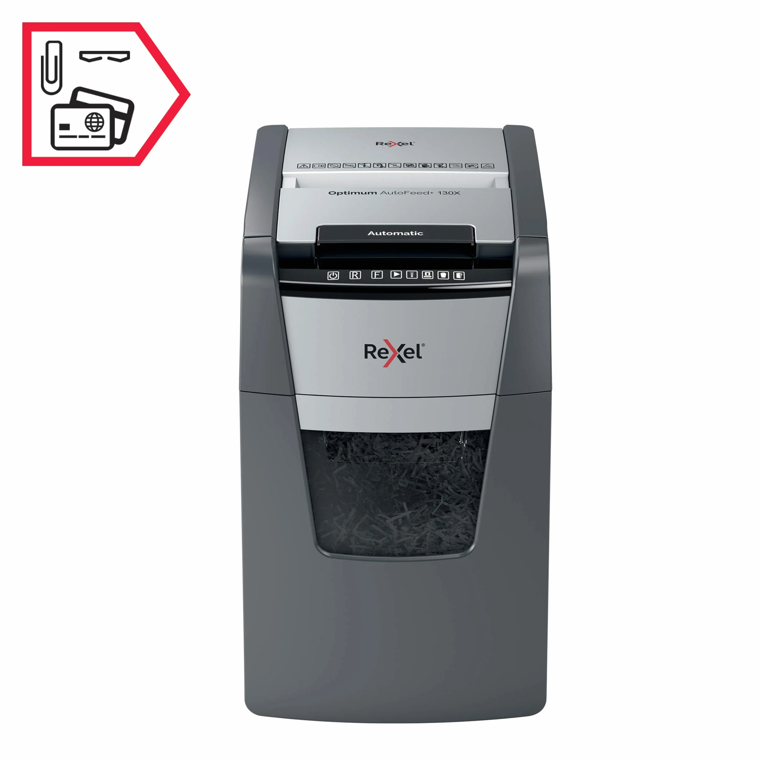 REXEL Optimum Auto Feed+ 130X, Distruggidocumenti Automatico, 130-150 Fogli (80-70 gr/mq), Taglio a Frammento, Livello di Sicurezza P-4, per Piccoli Uffici, Capacità 44 Litri, 2020130XEU