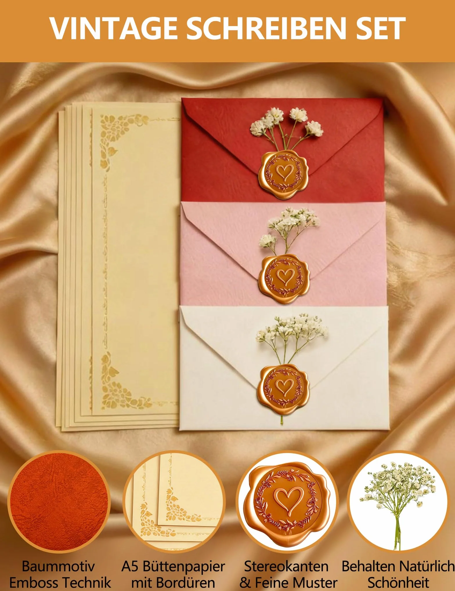 Set 75 Pezzi Carta da Lettere con Busta Pergamena Scrivere Buste Sigillo Ceralacca Oro Rosa Fiori Secchi Decorativi