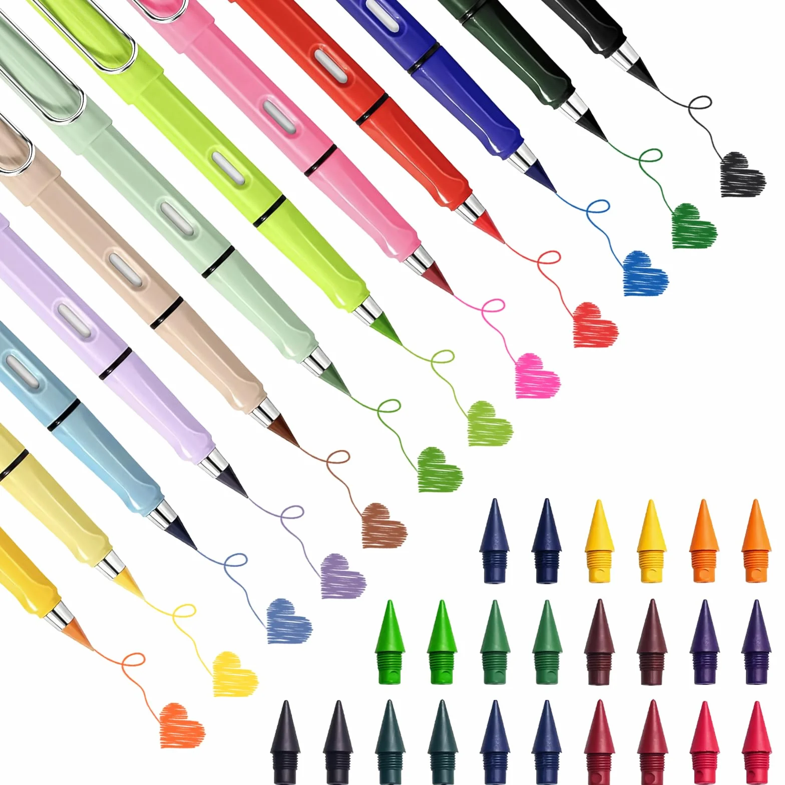 Matita Infinita Colorata 12 Pezzi con 24 Punte Sostituibili, Matite Riutilizzabili senza Inchiostro per Scrittura e Disegno